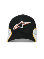 Alpinestars 500 Snapback Kappe, Motorsport-inspirierte Sportswear-Baseballkappe, Schwarz und Weiß mit orangefarbenen Akzenten, Baumwoll-Twill-Konstruktion, mit 3D-gesticktem Astars-Logo, gebogenem Schirm und strukturierter Krone.
