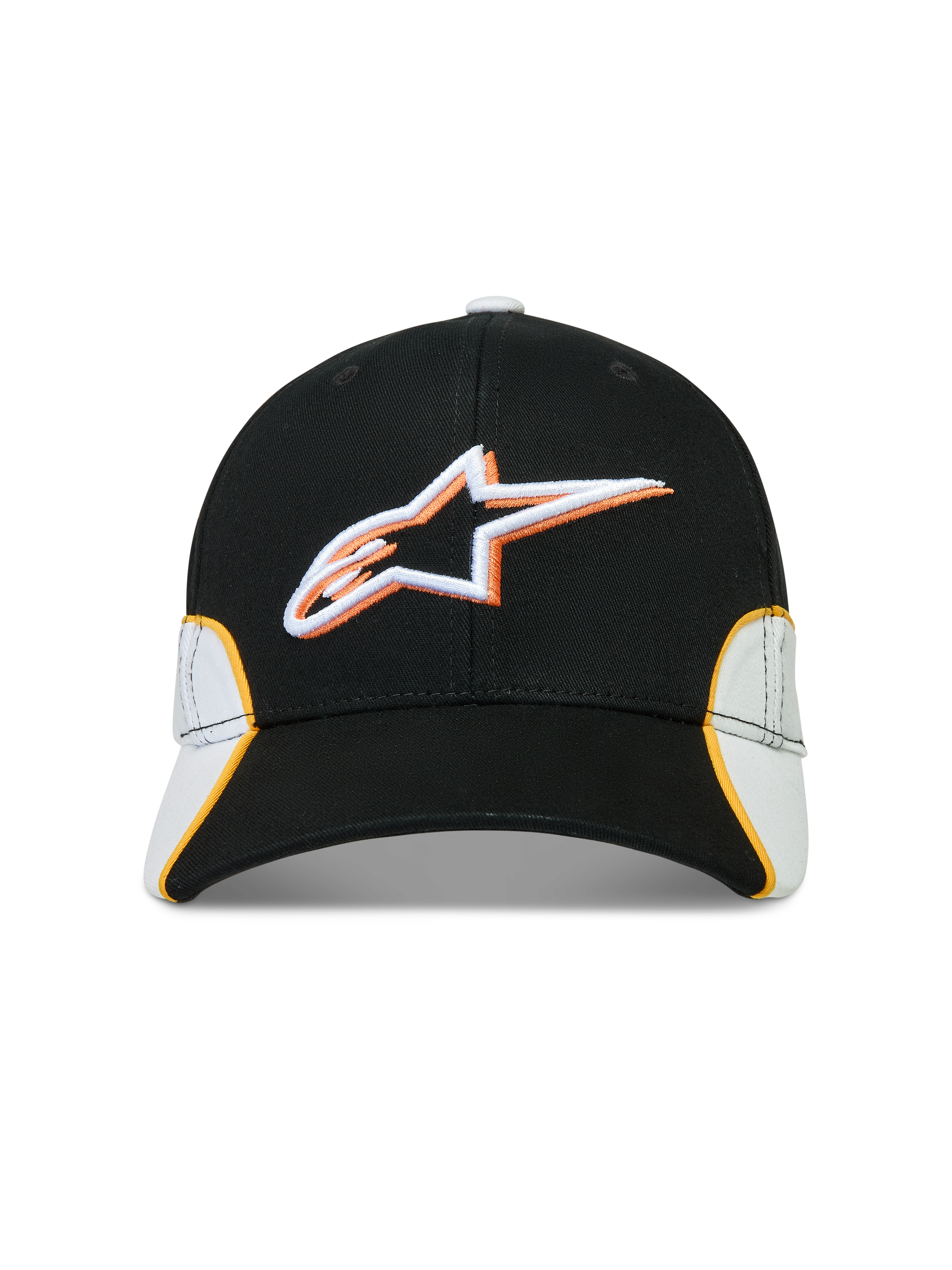 Alpinestars 500 Snapback Kappe, Motorsport-inspirierte Sportswear-Baseballkappe, Schwarz und Weiß mit orangefarbenen Akzenten, Baumwoll-Twill-Konstruktion, mit 3D-gesticktem Astars-Logo, gebogenem Schirm und strukturierter Krone.
