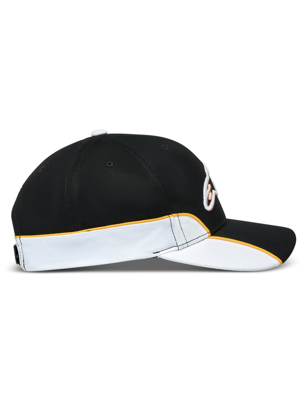Alpinestars 500 Snapback Kappe, Motorsport-inspirierte Sportswear-Kappe, Schwarz und Weiß mit orangefarbener Paspelierung, Seitenprofil mit gebogenem Schirm und strukturierter Krone.