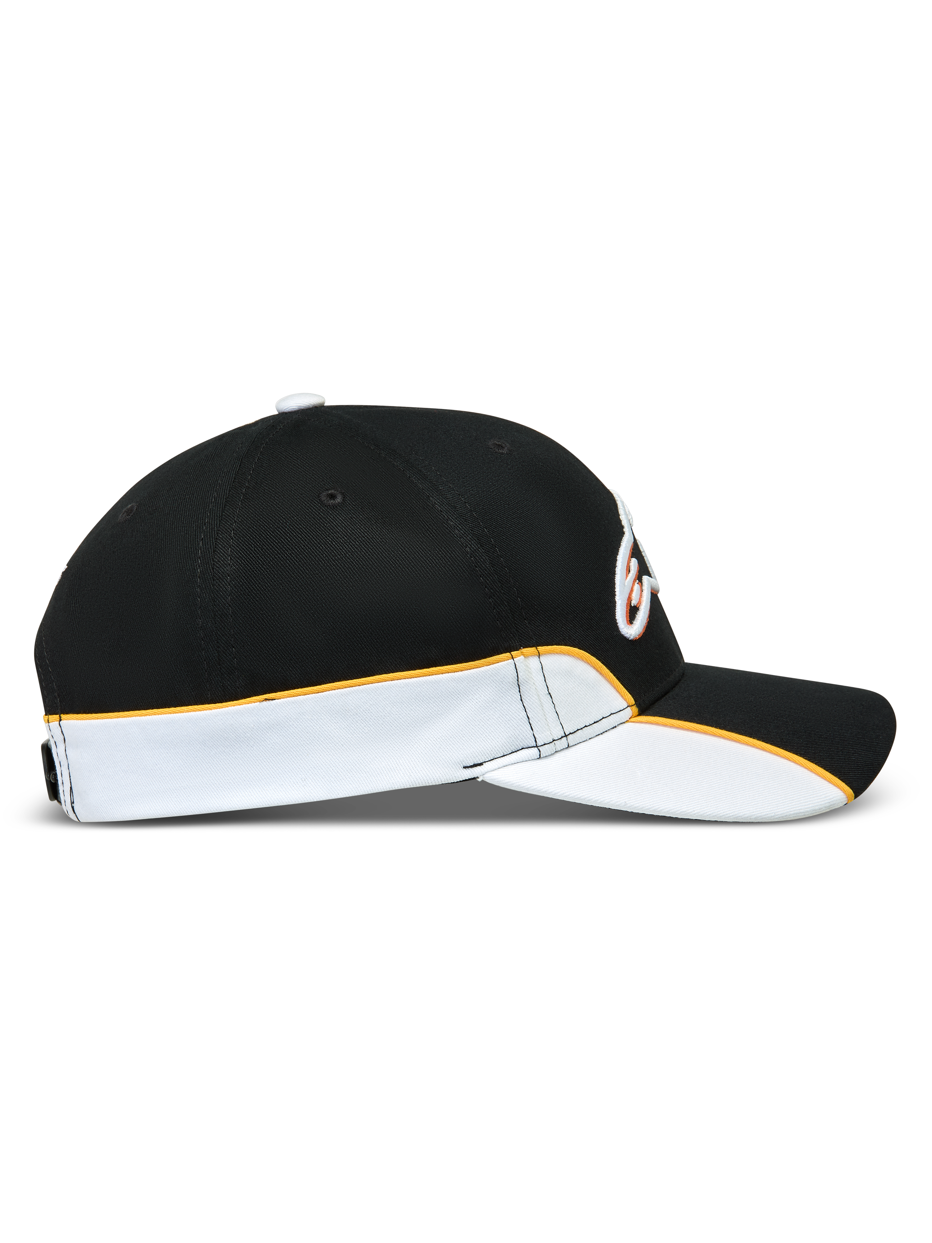 Alpinestars 500 Snapback Kappe, Motorsport-inspirierte Sportswear-Kappe, Schwarz und Weiß mit orangefarbener Paspelierung, Seitenprofil mit gebogenem Schirm und strukturierter Krone.
