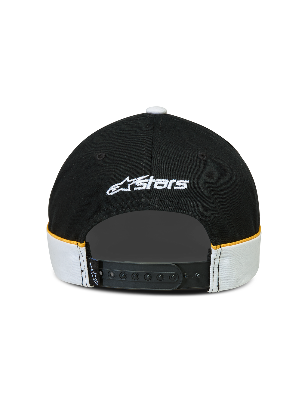 Alpinestars 500 Snapback Kappe, Sportswear-Lifestyle-Kappe in Schwarz und Weiß mit gelben Akzenten. Rückansicht mit verstellbarem Snapback-Verschluss, weißer Astars-Logo-Stickerei und Cut-and-Sew-Details mit Kontrastpaspelierung.