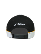 Alpinestars 500 Snapback Kappe, Sportswear-Lifestyle-Kappe in Schwarz und Weiß mit gelben Akzenten. Rückansicht mit verstellbarem Snapback-Verschluss, weißer Astars-Logo-Stickerei und Cut-and-Sew-Details mit Kontrastpaspelierung.