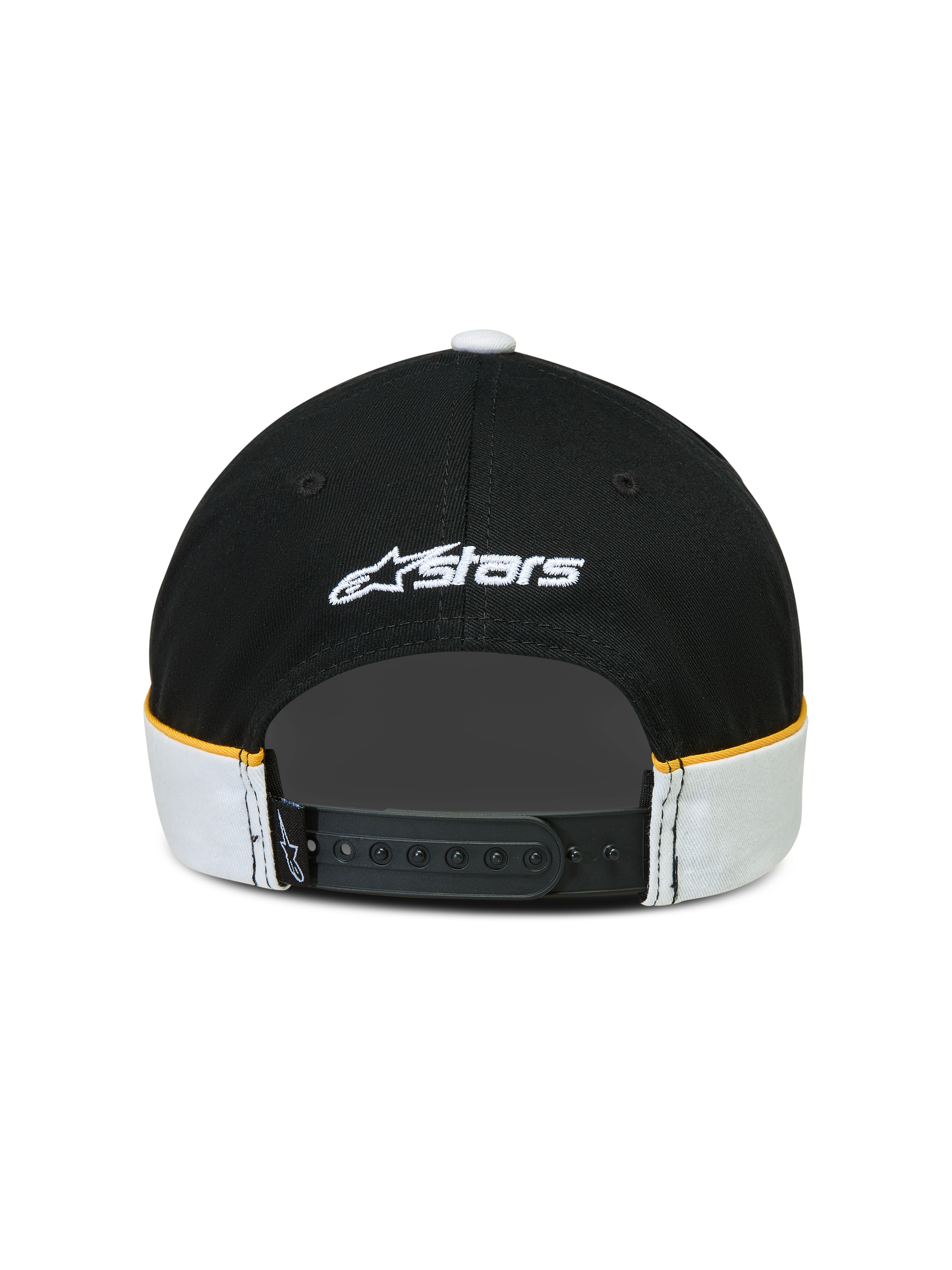 Alpinestars 500 Snapback Kappe, Sportswear-Lifestyle-Kappe in Schwarz und Weiß mit gelben Akzenten. Rückansicht mit verstellbarem Snapback-Verschluss, weißer Astars-Logo-Stickerei und Cut-and-Sew-Details mit Kontrastpaspelierung.