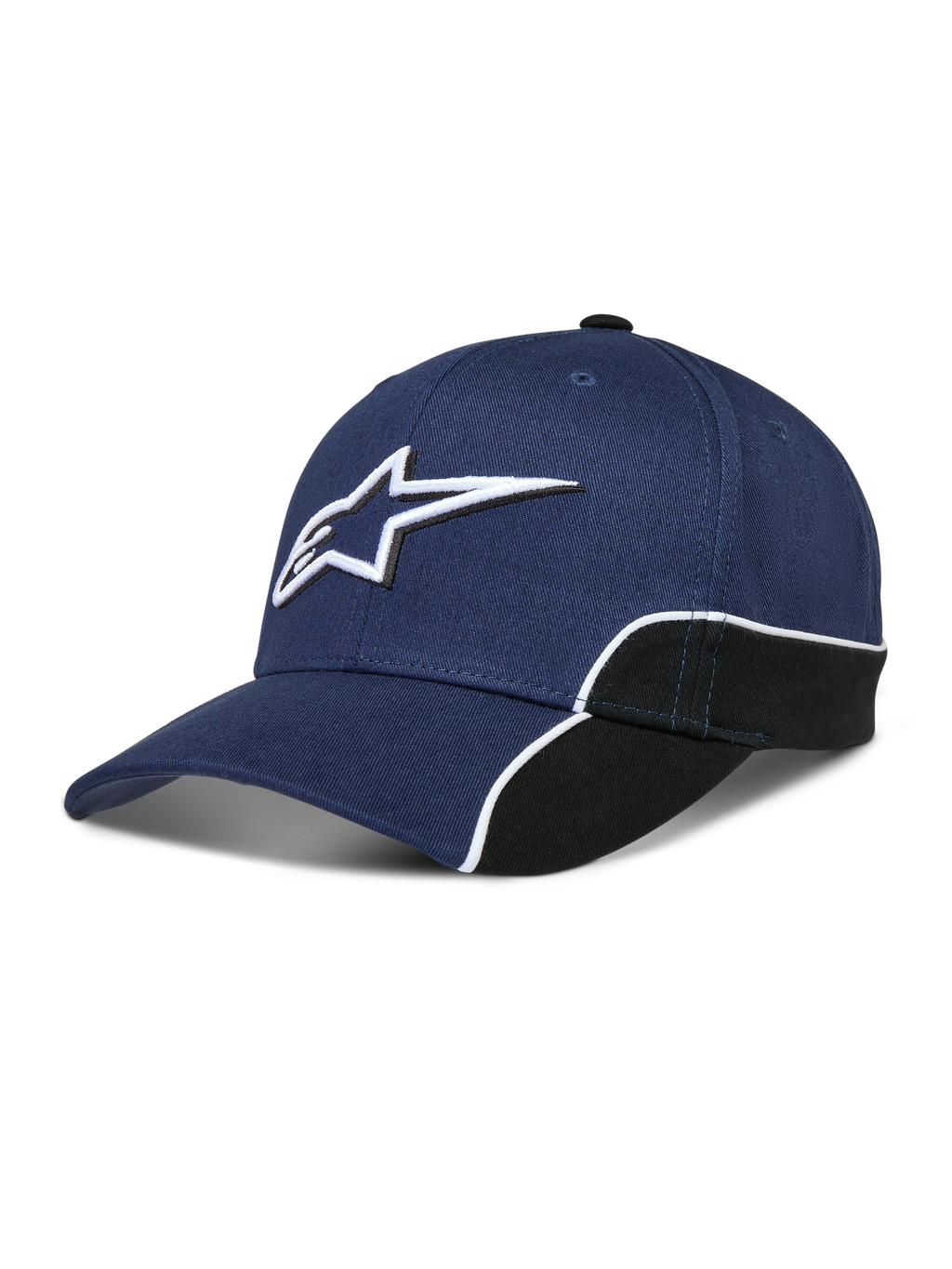 Alpinestars 500 Snapback Kappe, Unisex Sportswear Baseballkappe, Dunkelblau und Schwarz, mit 3D-Astars-Logo-Stickerei, gebogenem Schirm und strukturierter Krone mit weißer Kontrastpaspelierung.