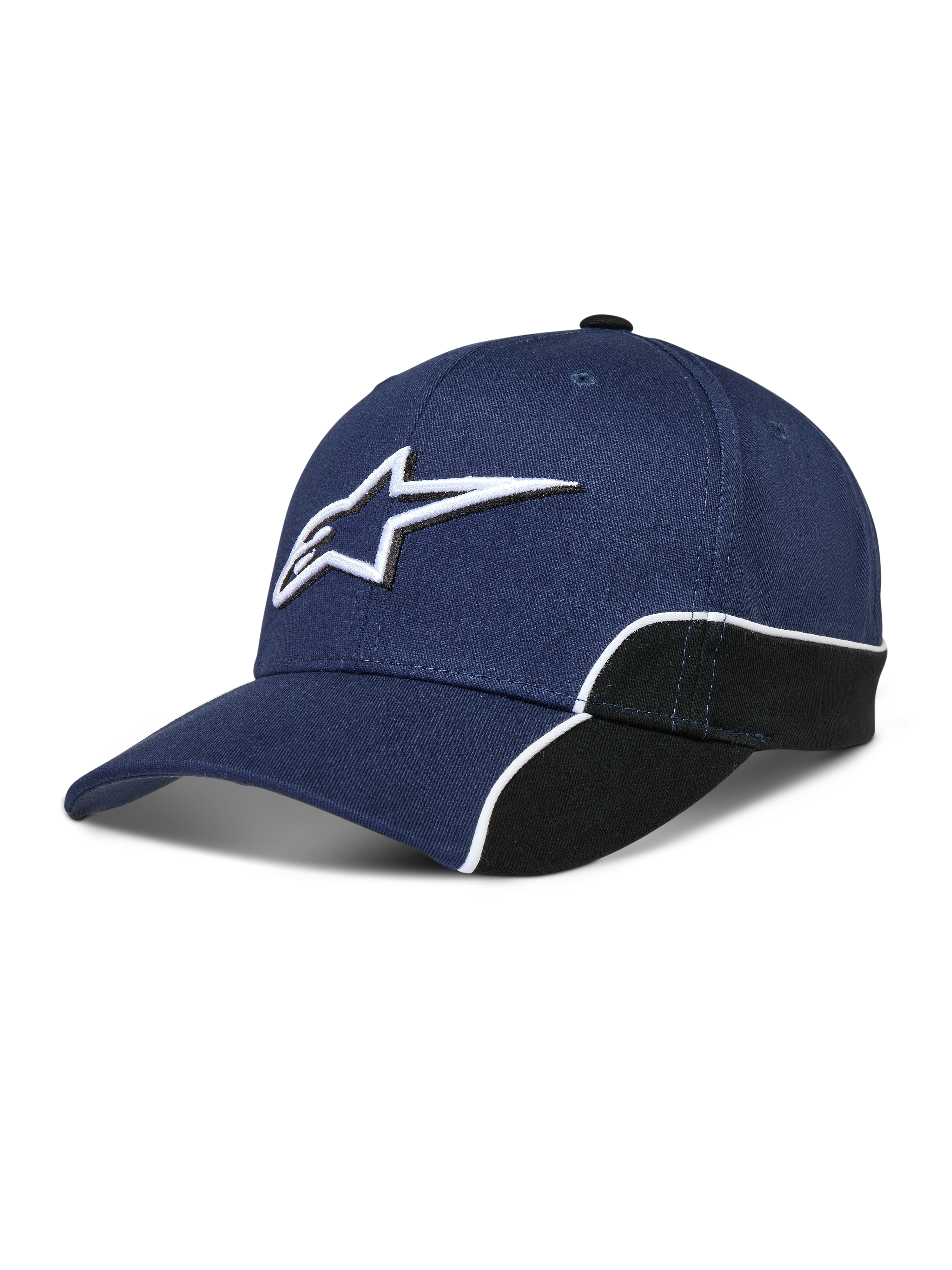 Alpinestars 500 Snapback Kappe, Unisex Sportswear Baseballkappe, Dunkelblau und Schwarz, mit 3D-Astars-Logo-Stickerei, gebogenem Schirm und strukturierter Krone mit weißer Kontrastpaspelierung.