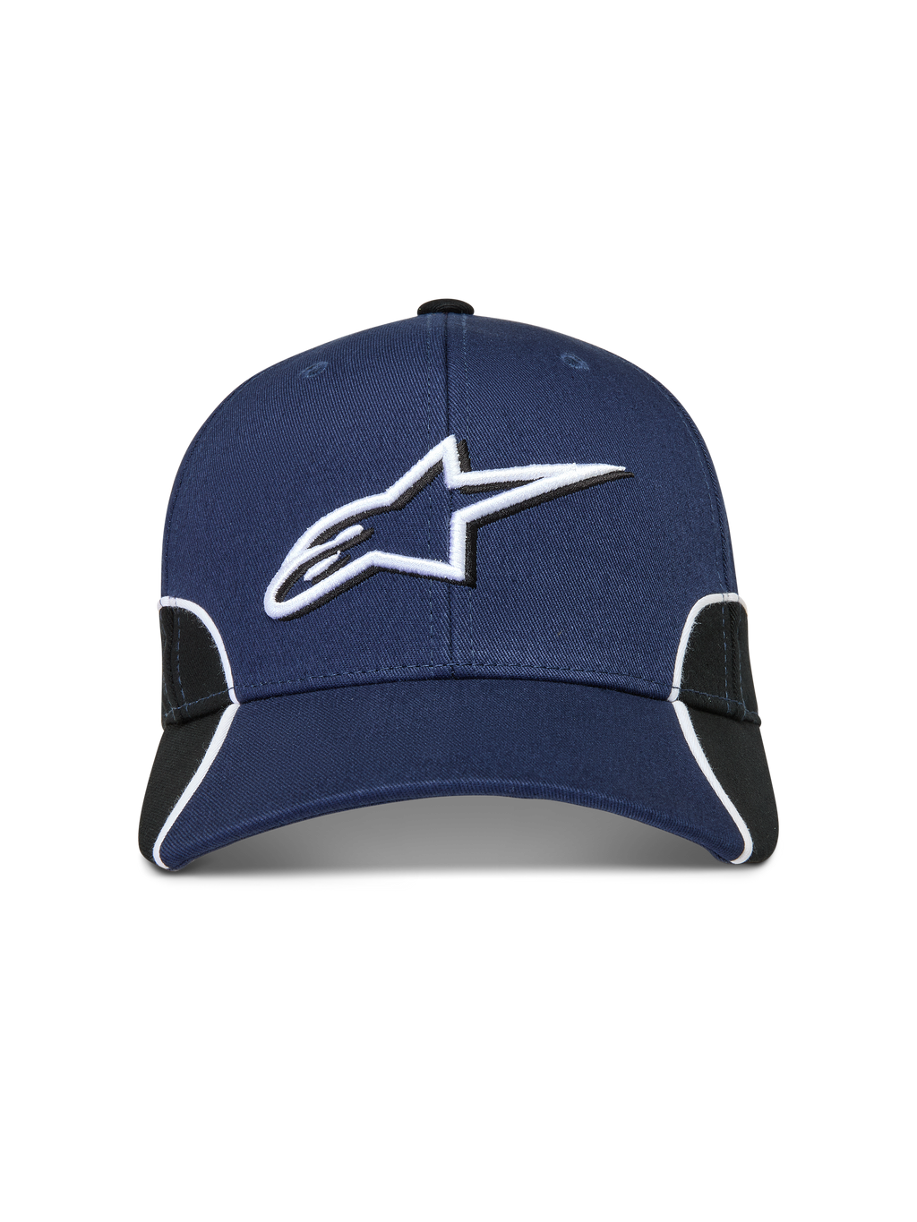 Alpinestars 500 Snapback Kappe, motorsport-inspirierte Sportswear-Kappe, Blau und Schwarz, mit weißer 3D-Astars-Logo-Stickerei, gebogenem Schirm und Kontrastpaspelierung.