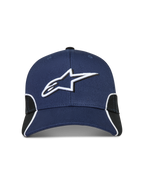 Alpinestars 500 Snapback Kappe, motorsport-inspirierte Sportswear-Kappe, Blau und Schwarz, mit weißer 3D-Astars-Logo-Stickerei, gebogenem Schirm und Kontrastpaspelierung.