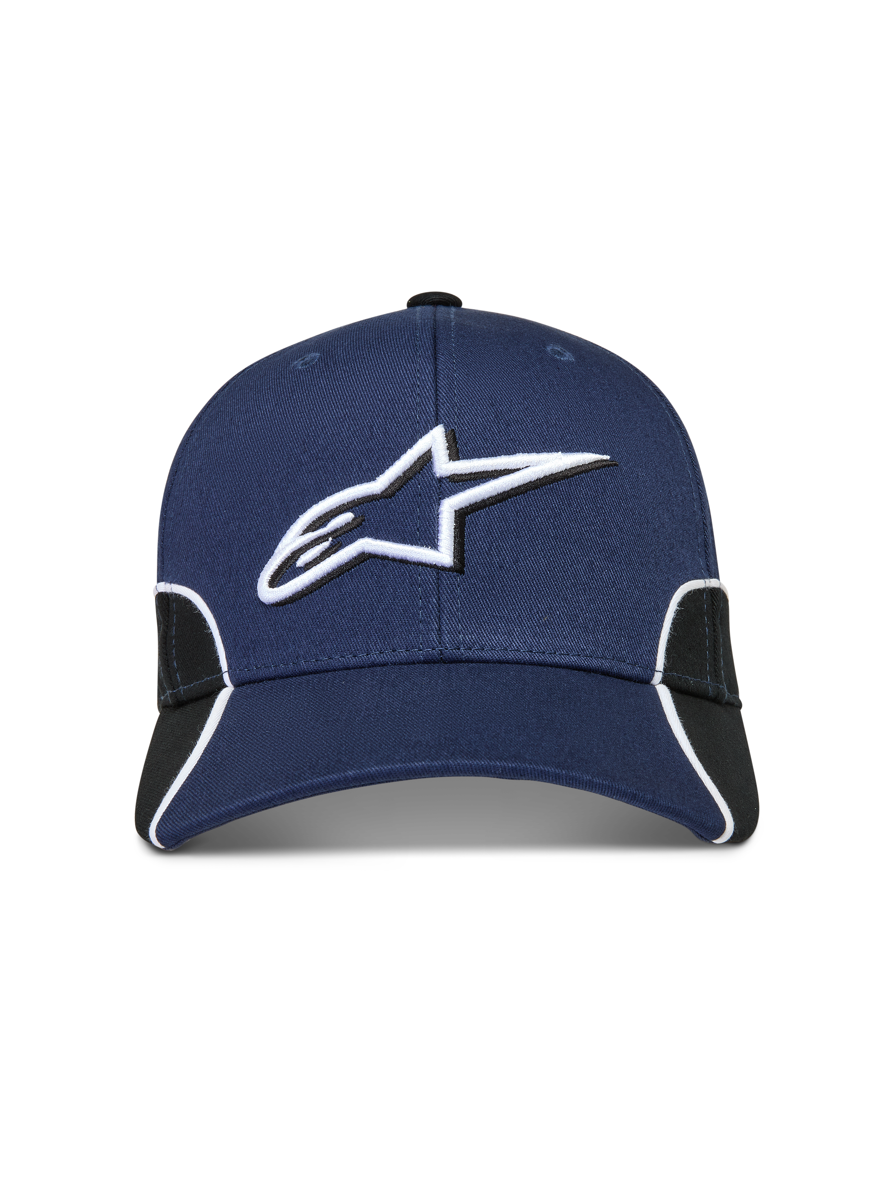 Alpinestars 500 Snapback Kappe, motorsport-inspirierte Sportswear-Kappe, Blau und Schwarz, mit weißer 3D-Astars-Logo-Stickerei, gebogenem Schirm und Kontrastpaspelierung.