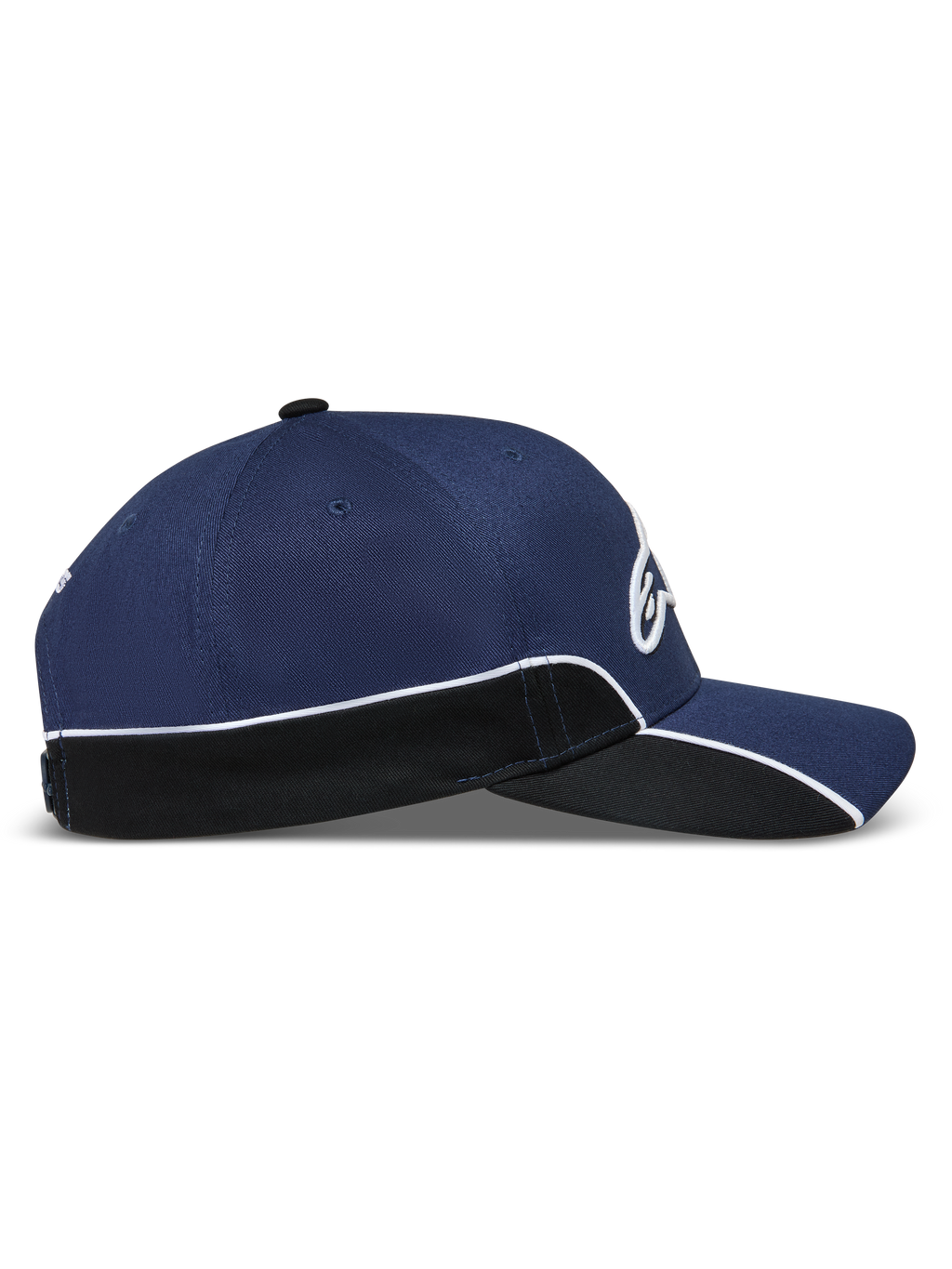 Alpinestars 500 Snapback Kappe, Unisex Motorsport-inspirierte Sportswear Baseball-Kappe, Navy-Blau und Schwarz, mit strukturierter Krone, gebogenem Schirm, weißer Kontrastpaspelierung und 3D-Astars-Stickerei, Seitenansicht.