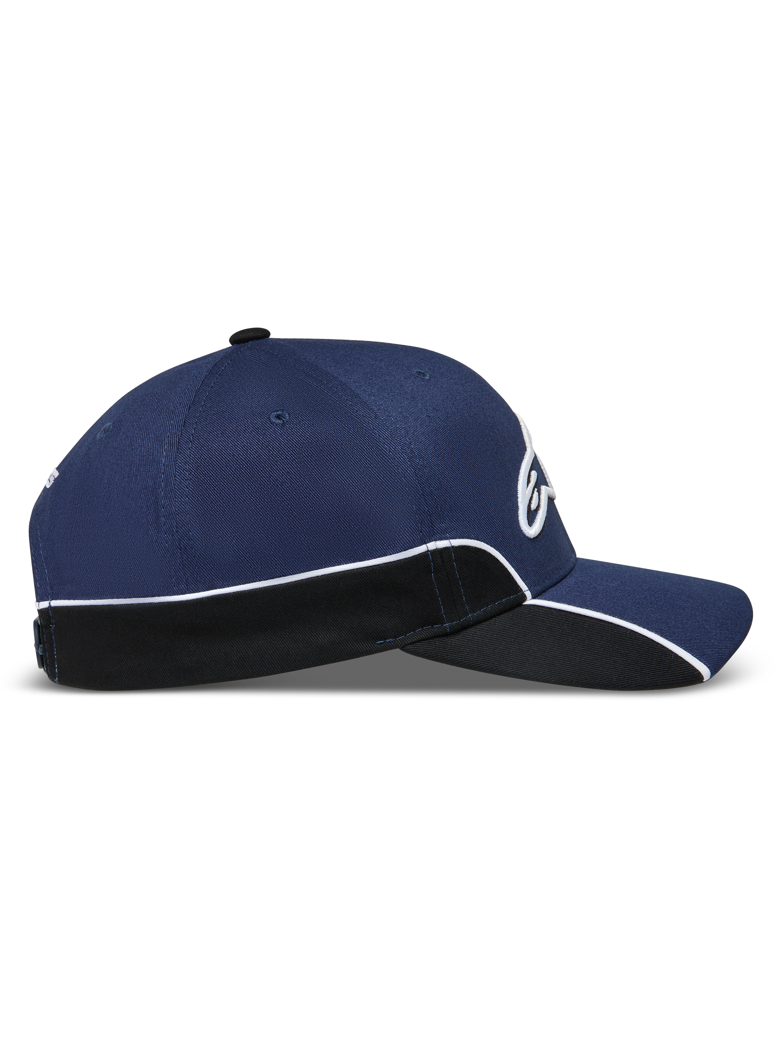 Alpinestars 500 Snapback Kappe, Unisex Motorsport-inspirierte Sportswear Baseball-Kappe, Navy-Blau und Schwarz, mit strukturierter Krone, gebogenem Schirm, weißer Kontrastpaspelierung und 3D-Astars-Stickerei, Seitenansicht.