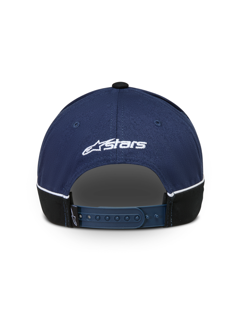 Alpinestars 500 Snapback Kappe, Sportswear Baseball-Kappe, Dunkelblau und Schwarz, Rückansicht mit verstellbarem Snapback-Verschluss, weißer Astars-Logo-Stickerei und Kontrastpaspelierung.