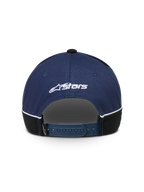 Alpinestars 500 Snapback Kappe, Sportswear Baseball-Kappe, Dunkelblau und Schwarz, Rückansicht mit verstellbarem Snapback-Verschluss, weißer Astars-Logo-Stickerei und Kontrastpaspelierung.