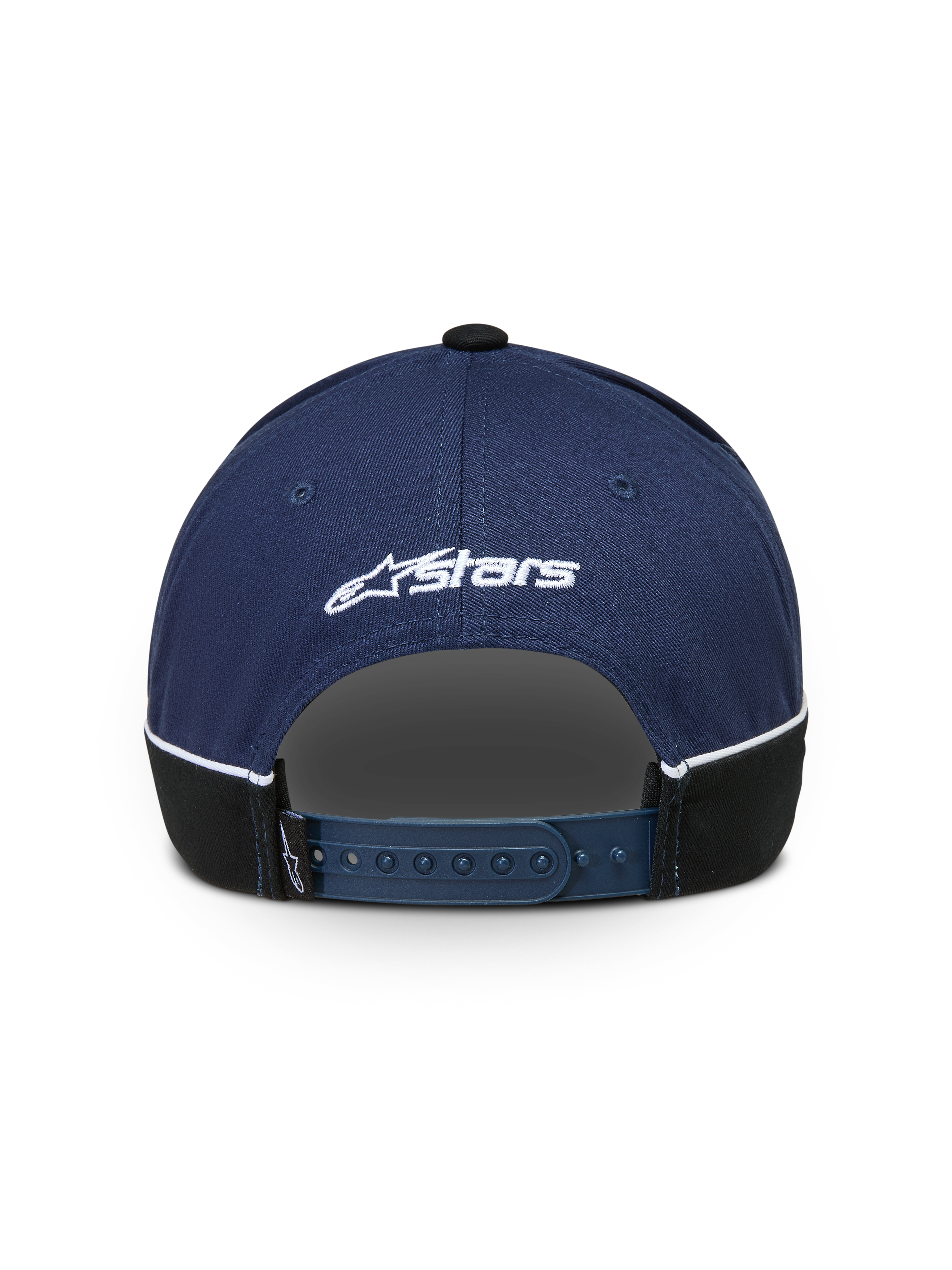 Alpinestars 500 Snapback Kappe, Sportswear Baseball-Kappe, Dunkelblau und Schwarz, Rückansicht mit verstellbarem Snapback-Verschluss, weißer Astars-Logo-Stickerei und Kontrastpaspelierung.