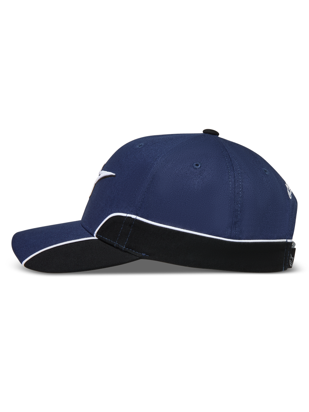 Alpinestars 500 Snapback Kappe, Sportswear-Lifestyle-Kappe, Unisex, Navy-Blau und Schwarz, Seitenansicht mit gebogenem Schirm, strukturierter Krone und weißer Kontrastpaspelierung auf dem Seitenteil.