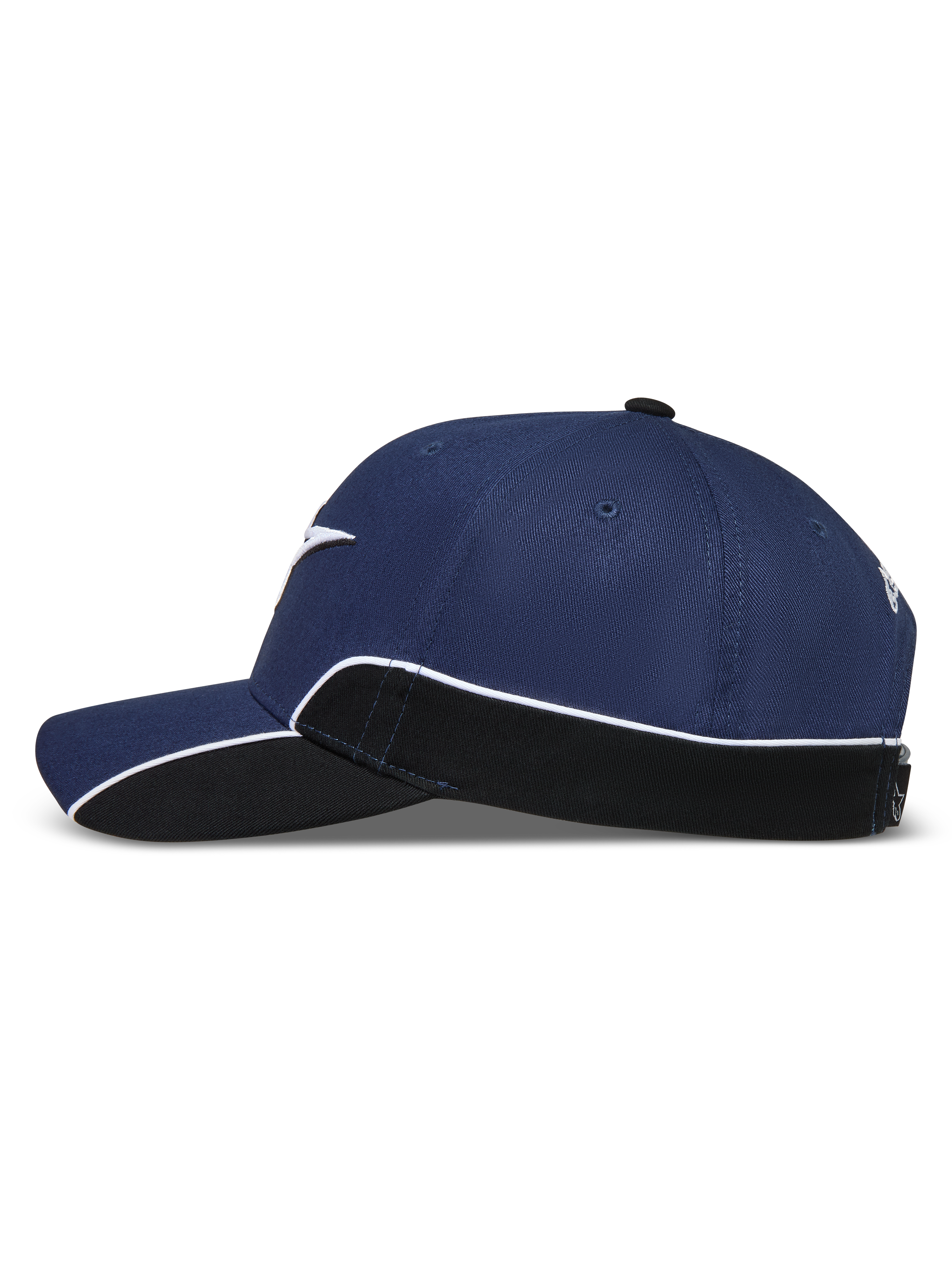 Alpinestars 500 Snapback Kappe, Sportswear-Lifestyle-Kappe, Unisex, Navy-Blau und Schwarz, Seitenansicht mit gebogenem Schirm, strukturierter Krone und weißer Kontrastpaspelierung auf dem Seitenteil.