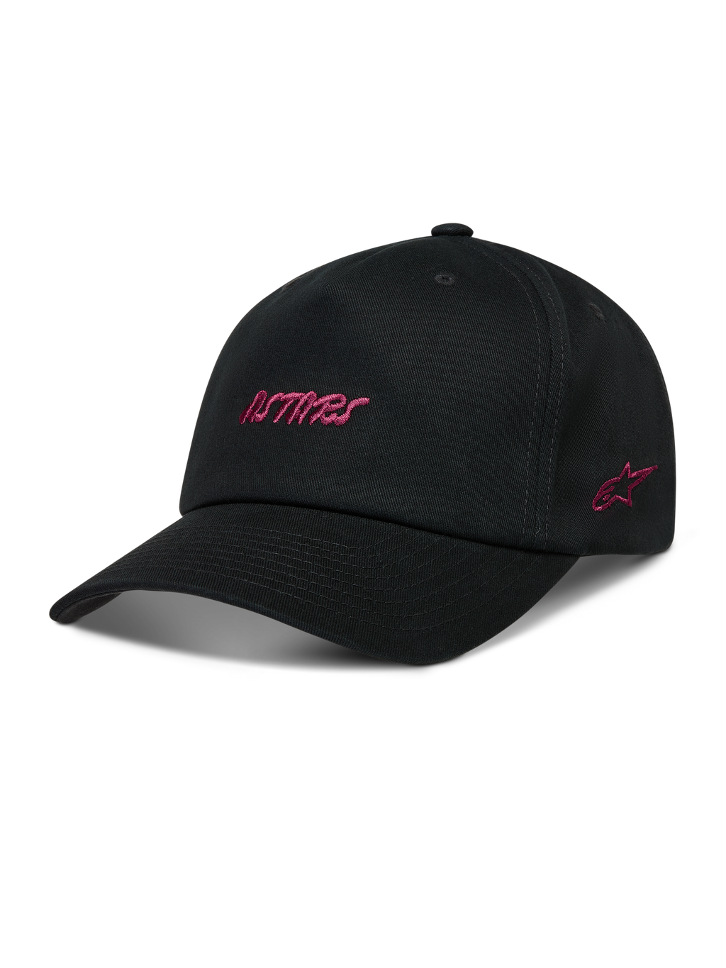 Alpinestars Explorer Strapback Kappe, schwarze Sportswear-Kappe mit pinker Astars-Logo-Stickerei und strukturierter Krone.