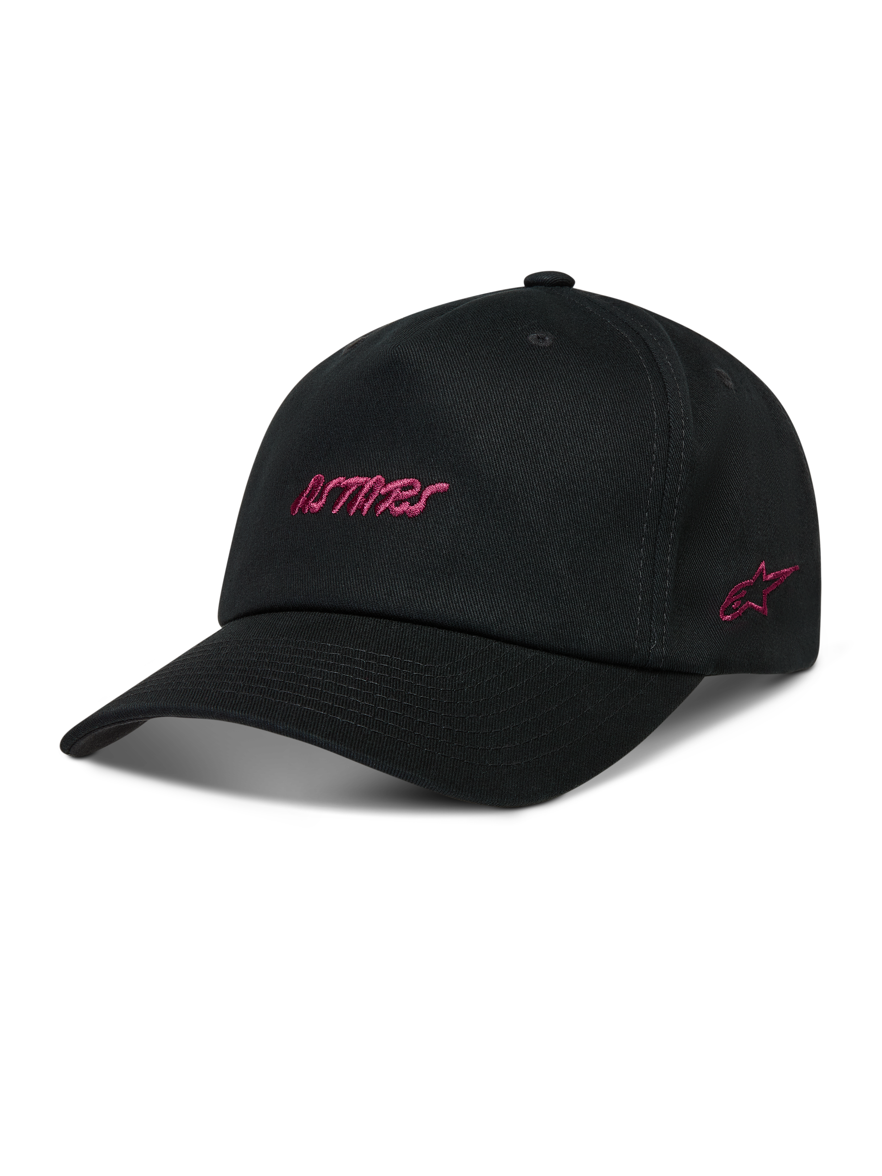 Alpinestars Explorer Strapback Kappe, schwarze Sportswear-Kappe mit pinker Astars-Logo-Stickerei und strukturierter Krone.