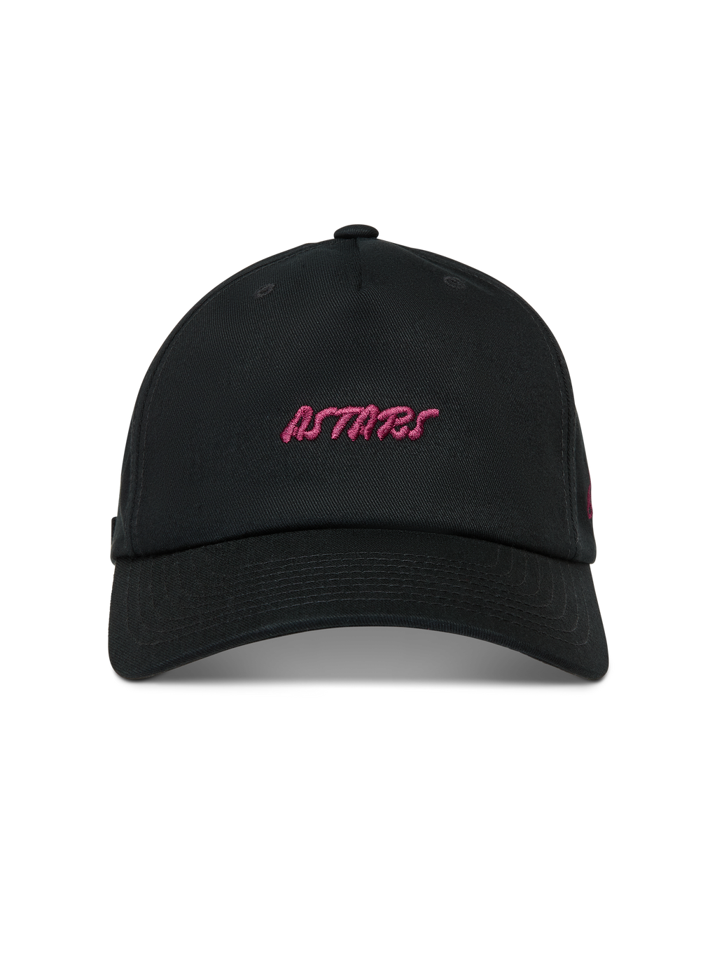 Alpinestars Explorer Strapback Kappe, Sportswear-Baseballkappe in Schwarz mit pink gesticktem Astars-Logo und gebogenem Schirm.