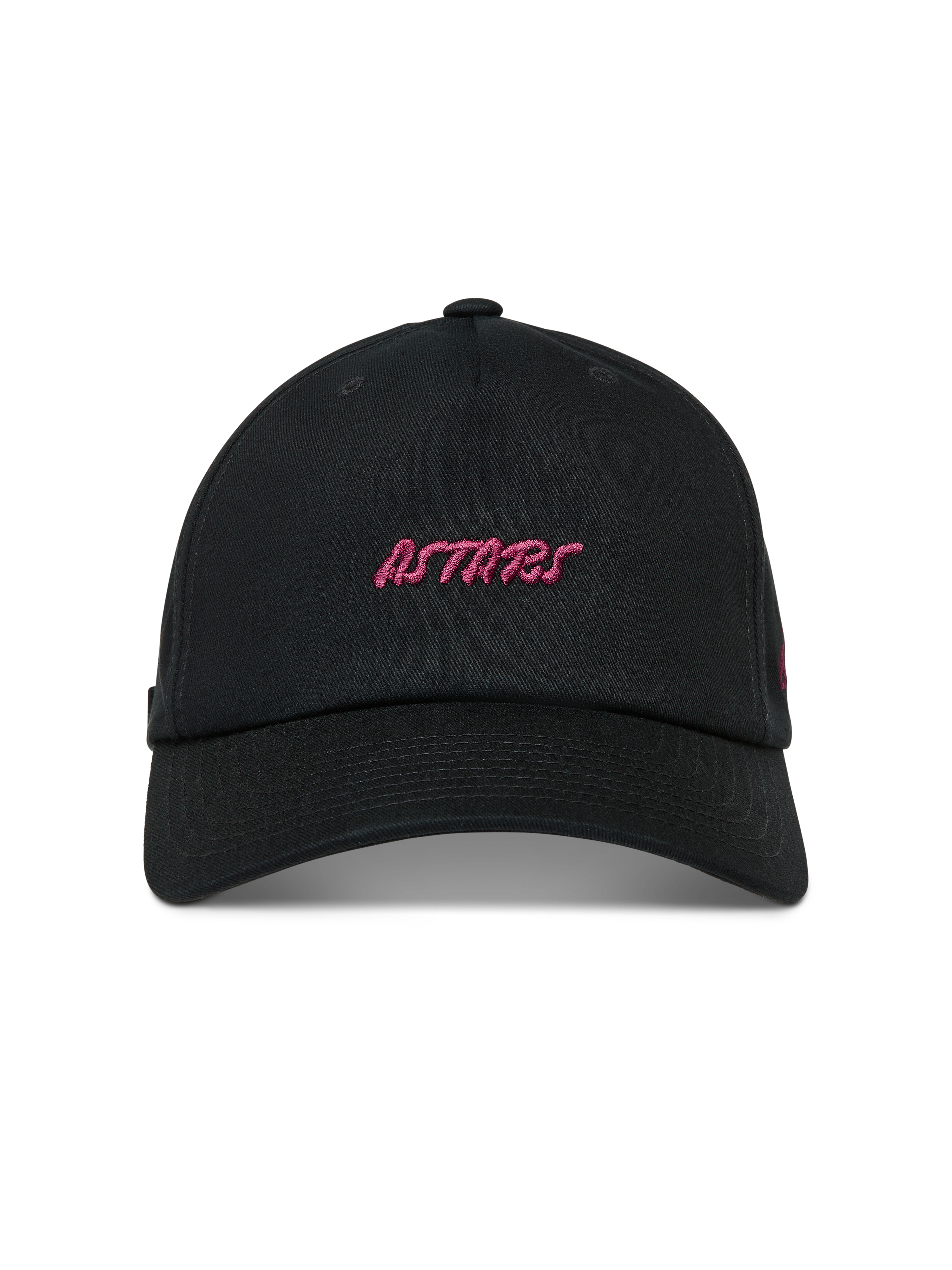 Alpinestars Explorer Strapback Kappe, Sportswear-Baseballkappe in Schwarz mit pink gesticktem Astars-Logo und gebogenem Schirm.