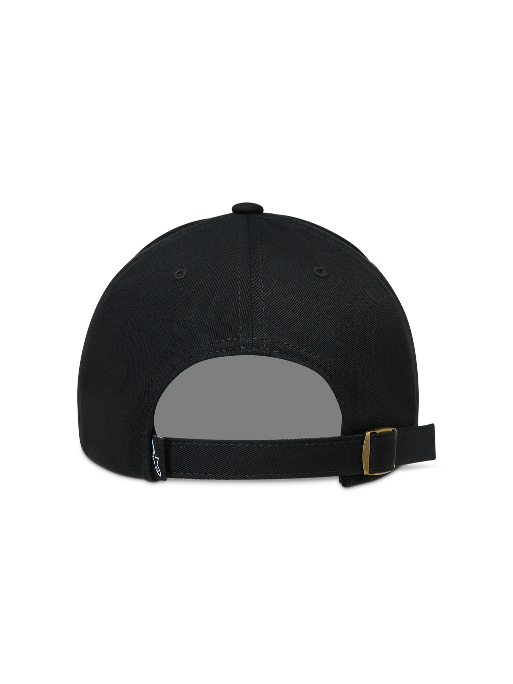 Alpinestars Explorer Strapback Kappe, schwarze Sportswear-Kappe, Rückansicht mit verstellbarem Riemen und goldener Schnalle.