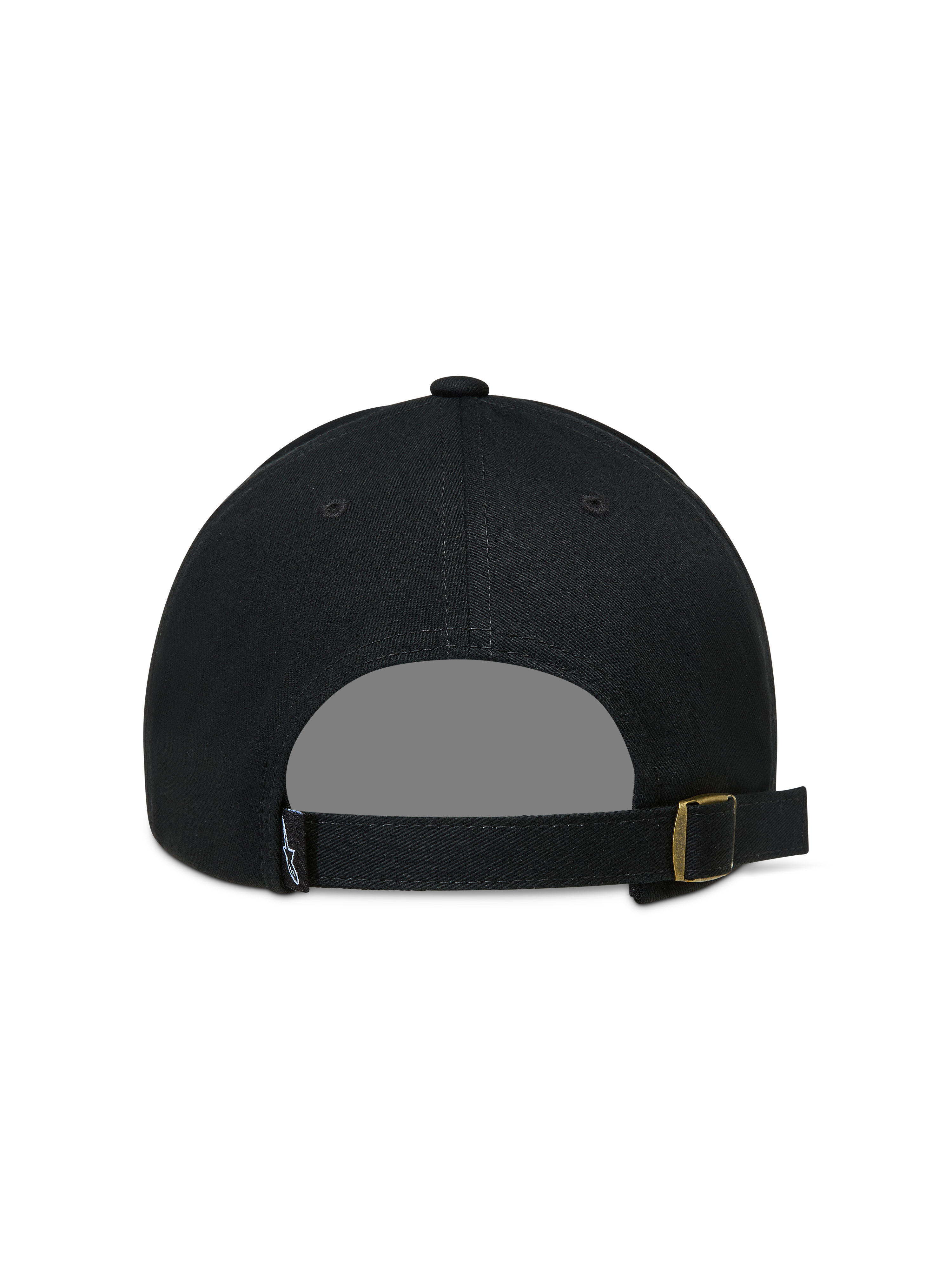 Alpinestars Explorer Strapback Kappe, schwarze Sportswear-Kappe, Rückansicht mit verstellbarem Riemen und goldener Schnalle.