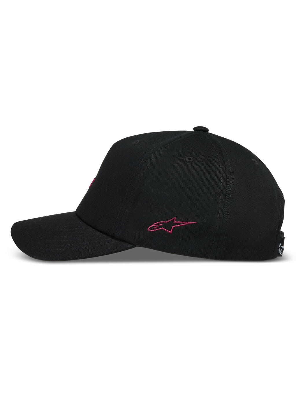 Alpinestars Explorer Strapback Kappe, schwarze Sportswear-Kappe, pink gesticktes Astars-Logo, Seitenansicht, gebogener Schirm.