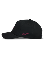 Alpinestars Explorer Strapback Kappe, schwarze Sportswear-Kappe, pink gesticktes Astars-Logo, Seitenansicht, gebogener Schirm.