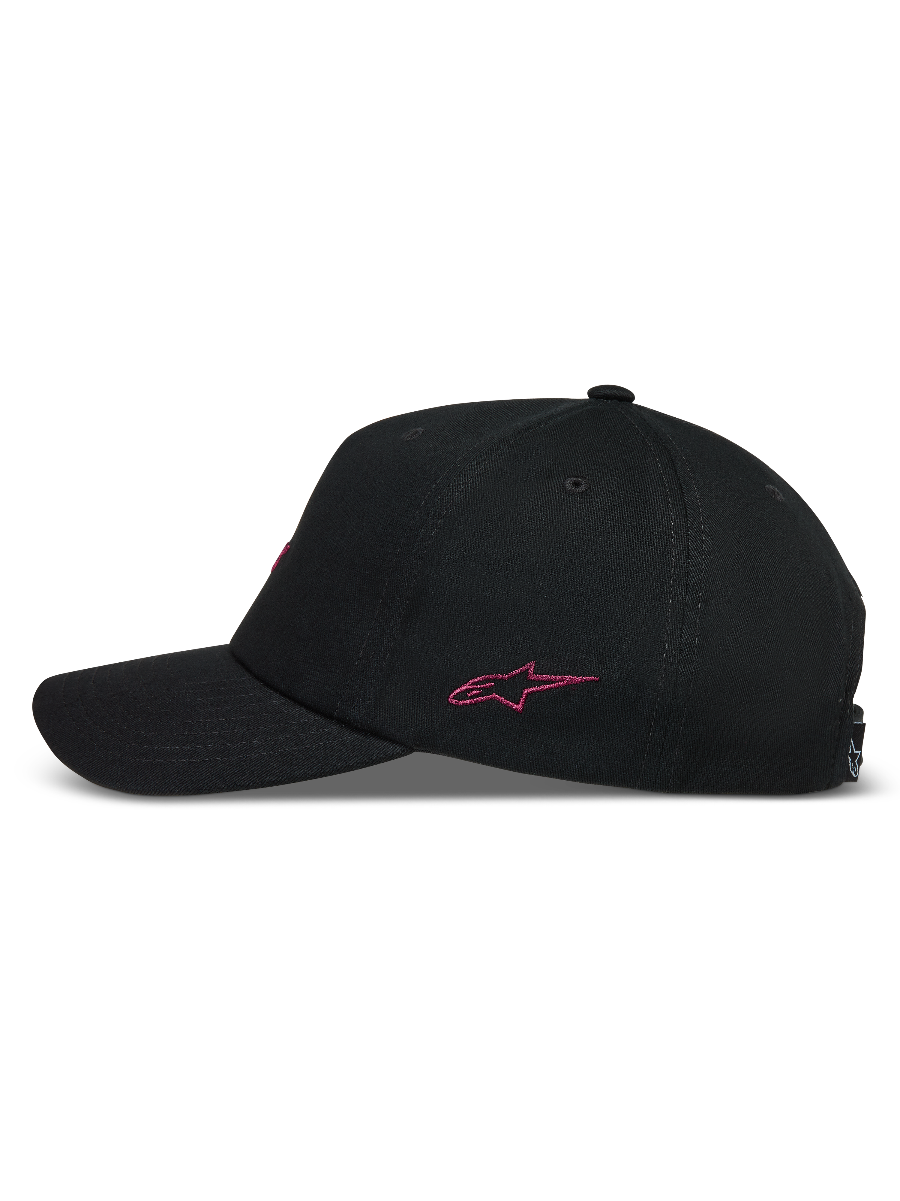 Alpinestars Explorer Strapback Kappe, schwarze Sportswear-Kappe, pink gesticktes Astars-Logo, Seitenansicht, gebogener Schirm.