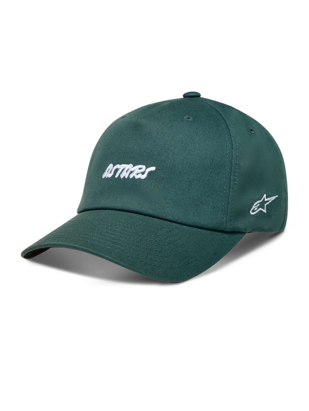 Alpinestars Explorer Strapback Kappe, grüne Sportswear-Kappe aus Twill mit weißer Astars-Stickerei und gebogenem Schirm.