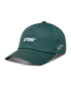 Alpinestars Explorer Strapback Kappe, grüne Sportswear-Kappe aus Twill mit weißer Astars-Stickerei und gebogenem Schirm.