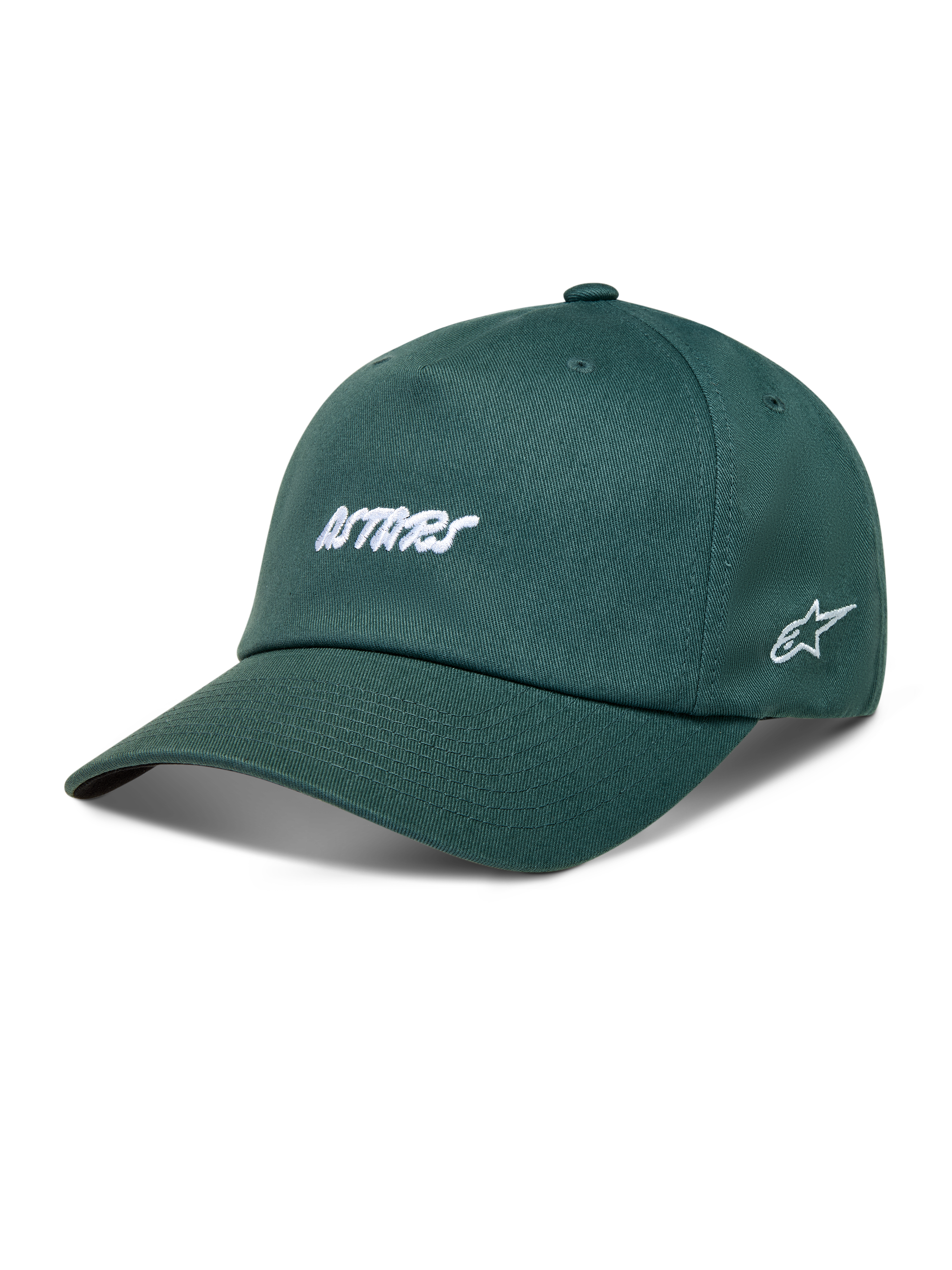 Alpinestars Explorer Strapback Kappe, grüne Sportswear-Kappe aus Twill mit weißer Astars-Stickerei und gebogenem Schirm.