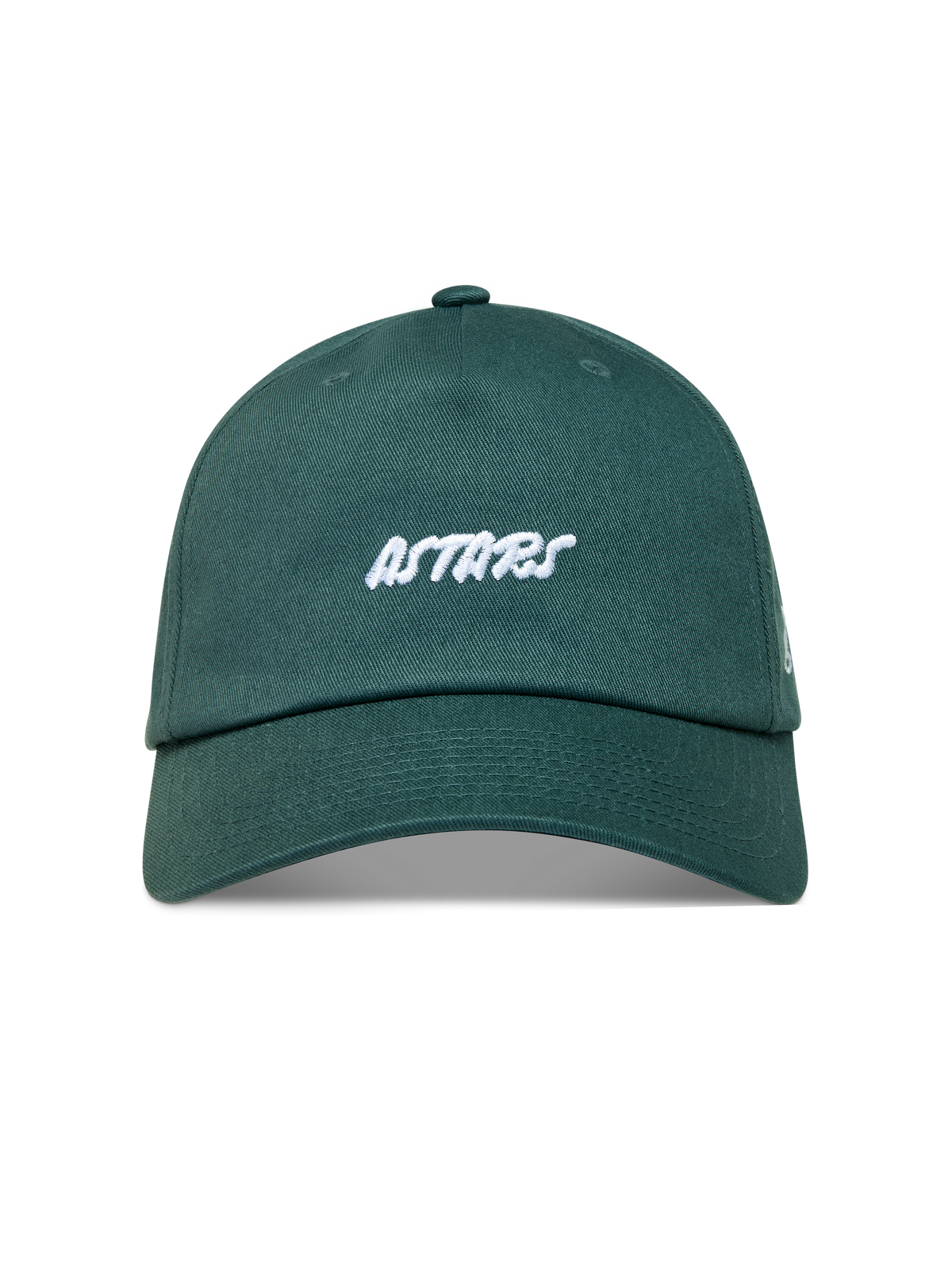 Alpinestars Explorer Strapback Kappe, grüne Sportswear-Kappe mit weißem Astars-Logo-Stick und gebogenem Schirm.