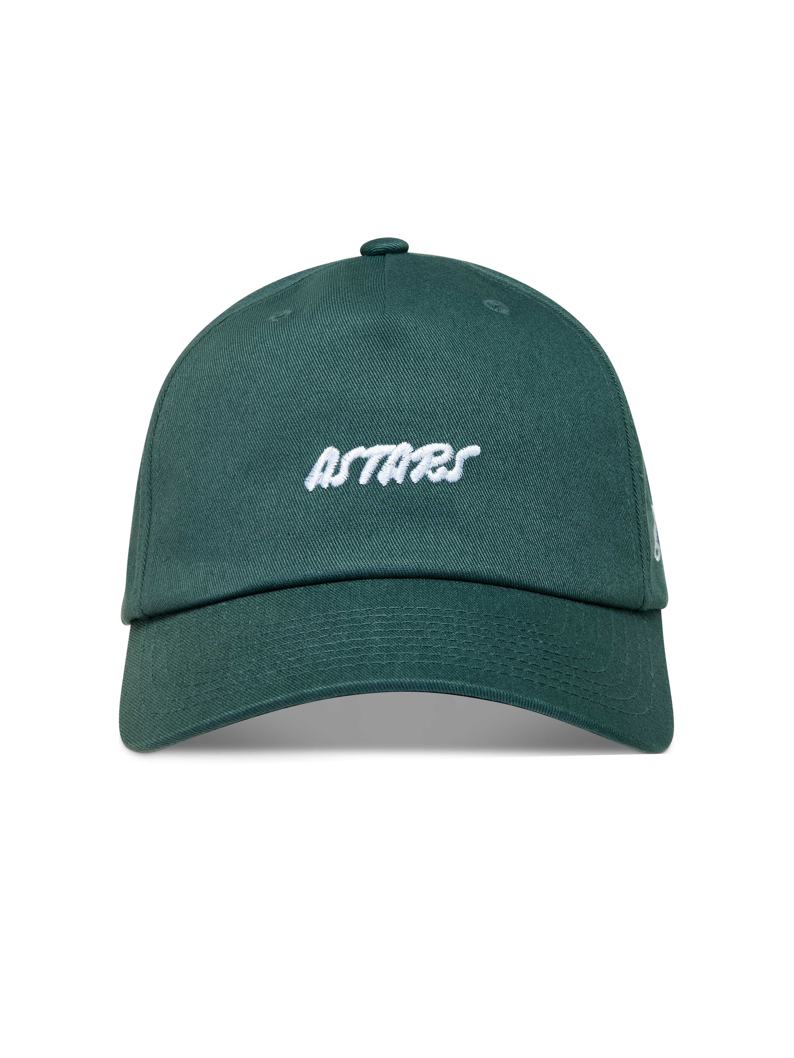 Alpinestars Explorer Strapback Kappe, grüne Sportswear-Kappe mit weißem Astars-Logo-Stick und gebogenem Schirm.
