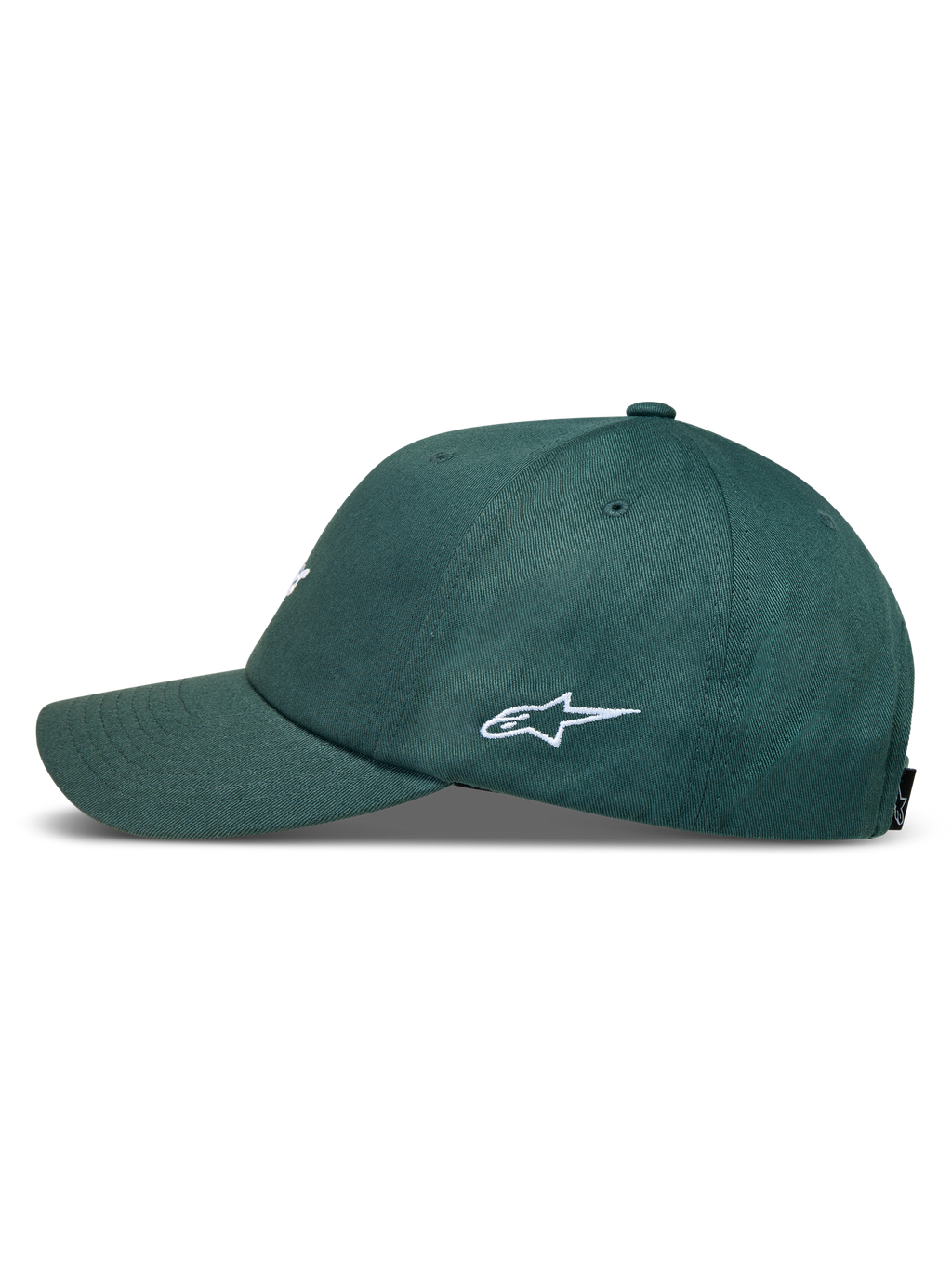 Alpinestars Explorer Strapback Kappe, Grün, Seitenansicht mit weißer Logo-Stickerei, gebogenem Schirm, strukturierter Krone.