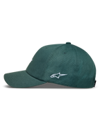 Alpinestars Explorer Strapback Kappe, Grün, Seitenansicht mit weißer Logo-Stickerei, gebogenem Schirm, strukturierter Krone.