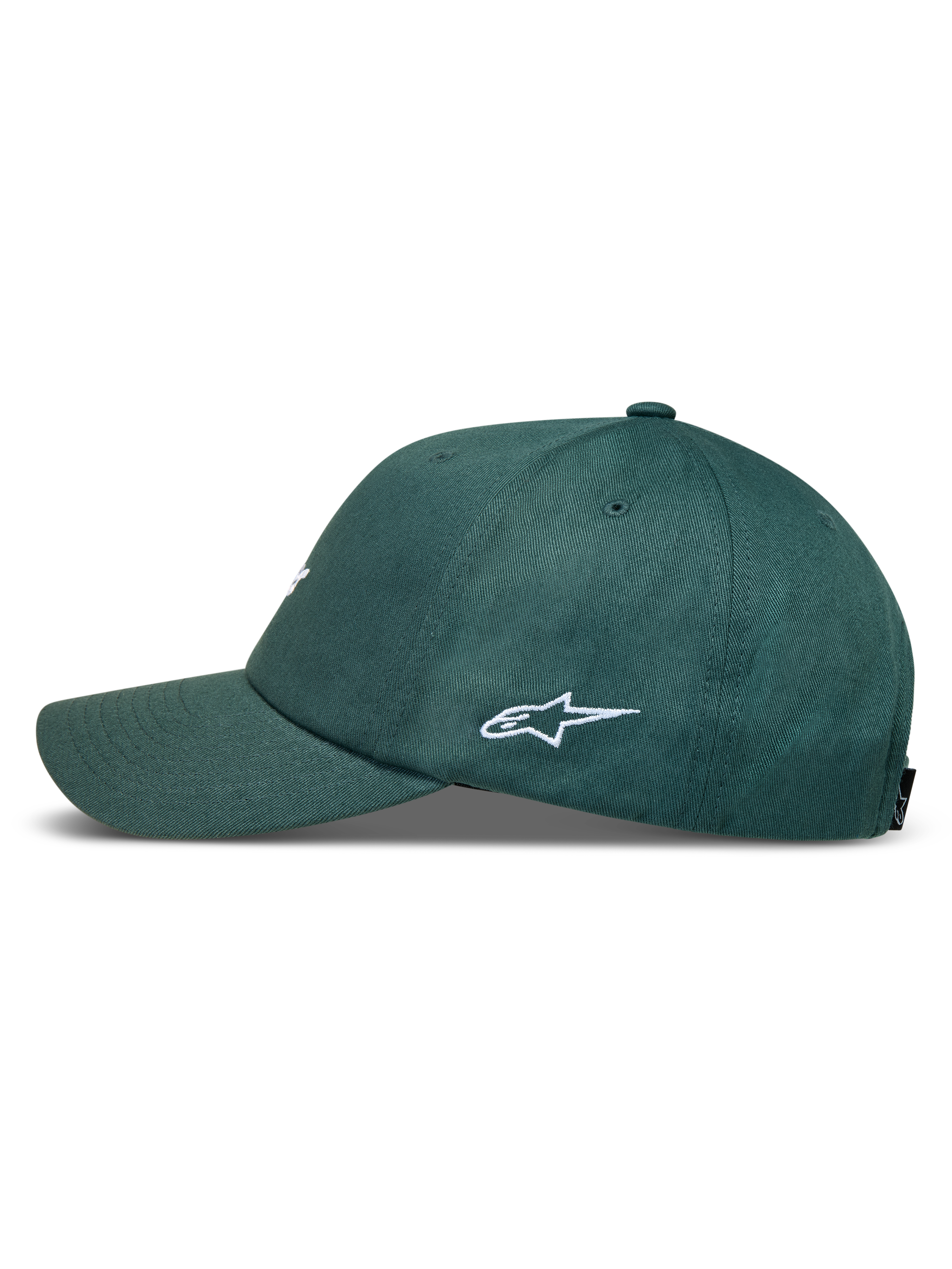 Alpinestars Explorer Strapback Kappe, Grün, Seitenansicht mit weißer Logo-Stickerei, gebogenem Schirm, strukturierter Krone.