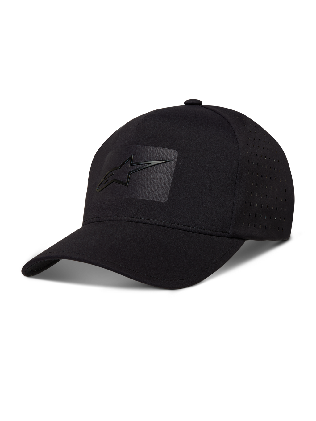 Alpinestars Algo Perf Adjustable Hat, black tech fabric cap with side perforations and a sonic weld logo.