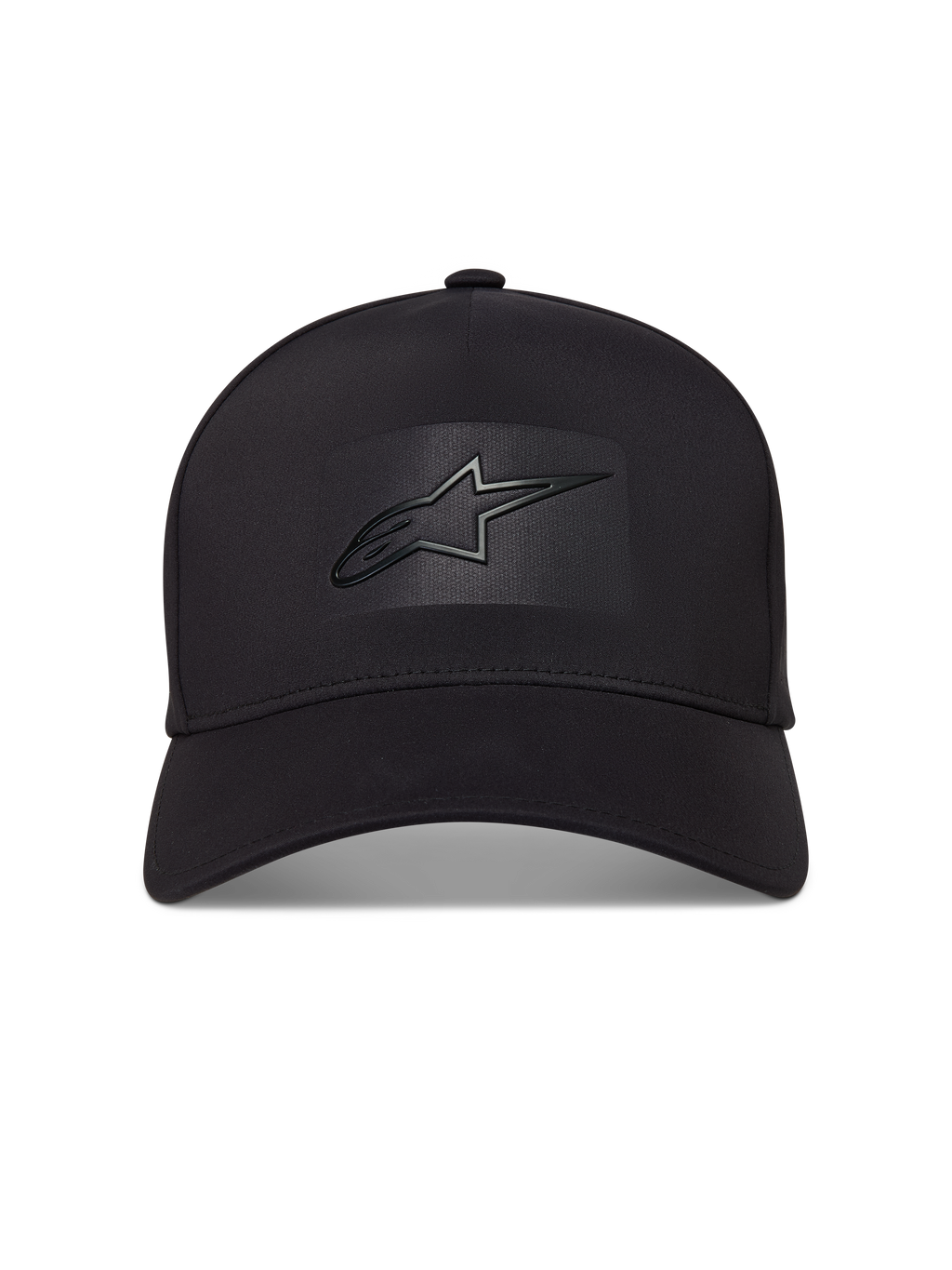 Alpinestars Algo Perf Adjustable Hat, black sportswear cap with curved bill, structured crown, and sonic weld Astars logo.