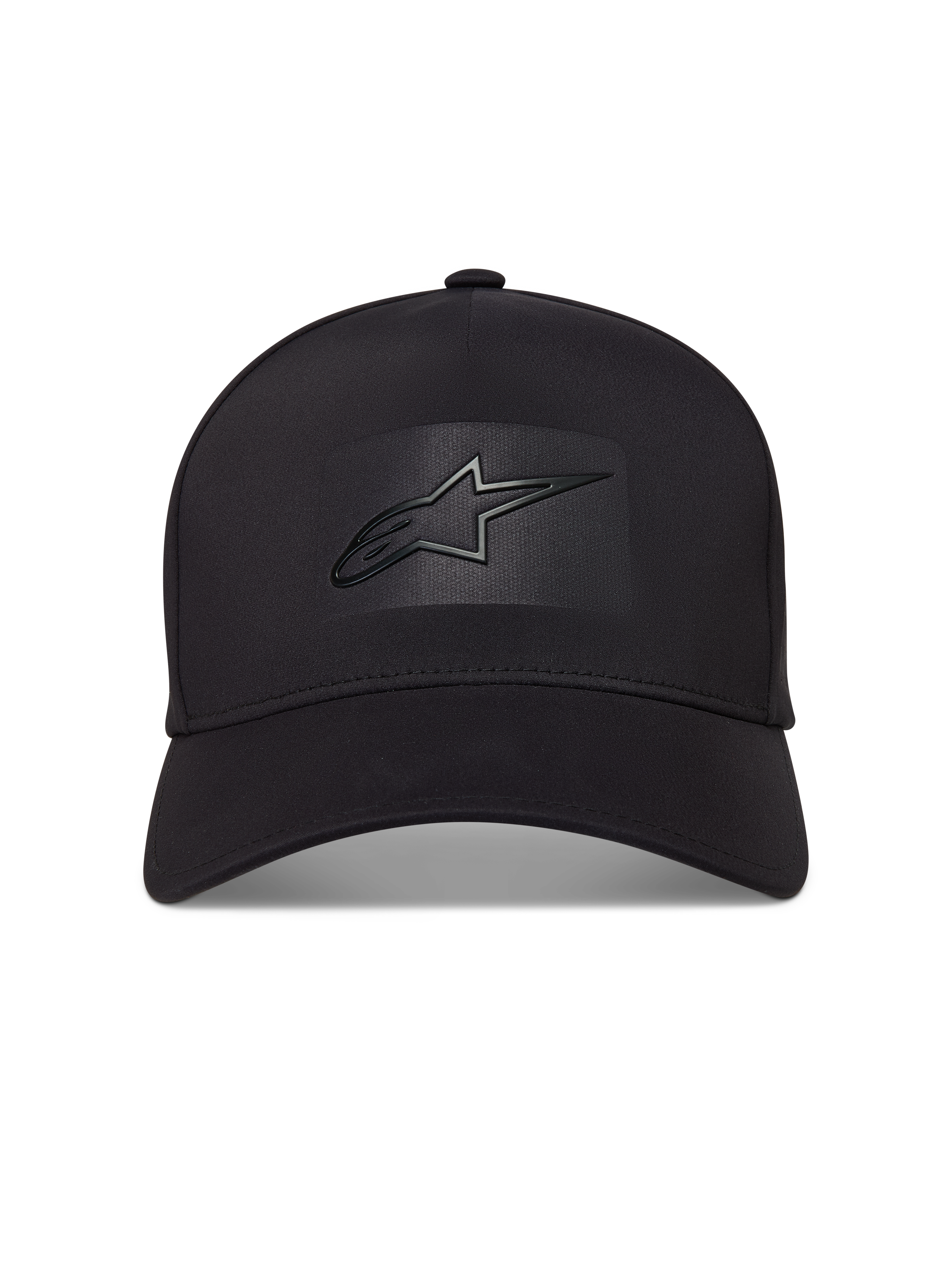 Alpinestars Algo Perf Adjustable Hat, black sportswear cap with curved bill, structured crown, and sonic weld Astars logo.