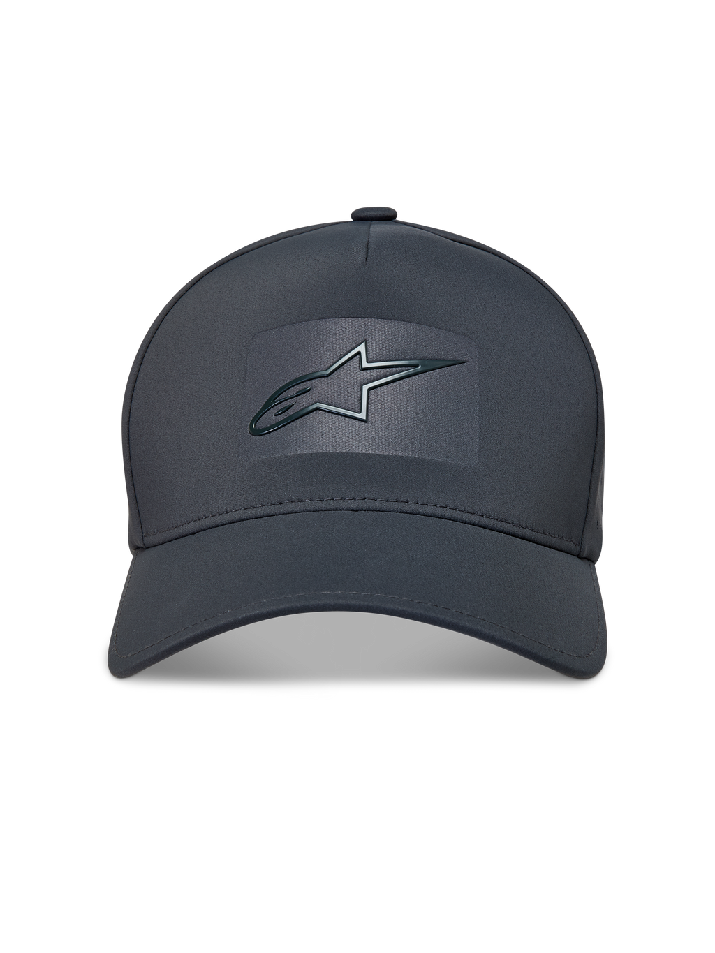 Alpinestars Algo Perf Adjustable Kappe, dunkelgraue Sportkappe aus technischem Material mit Sonic-Weld-Logo und gebogenem Schirm.