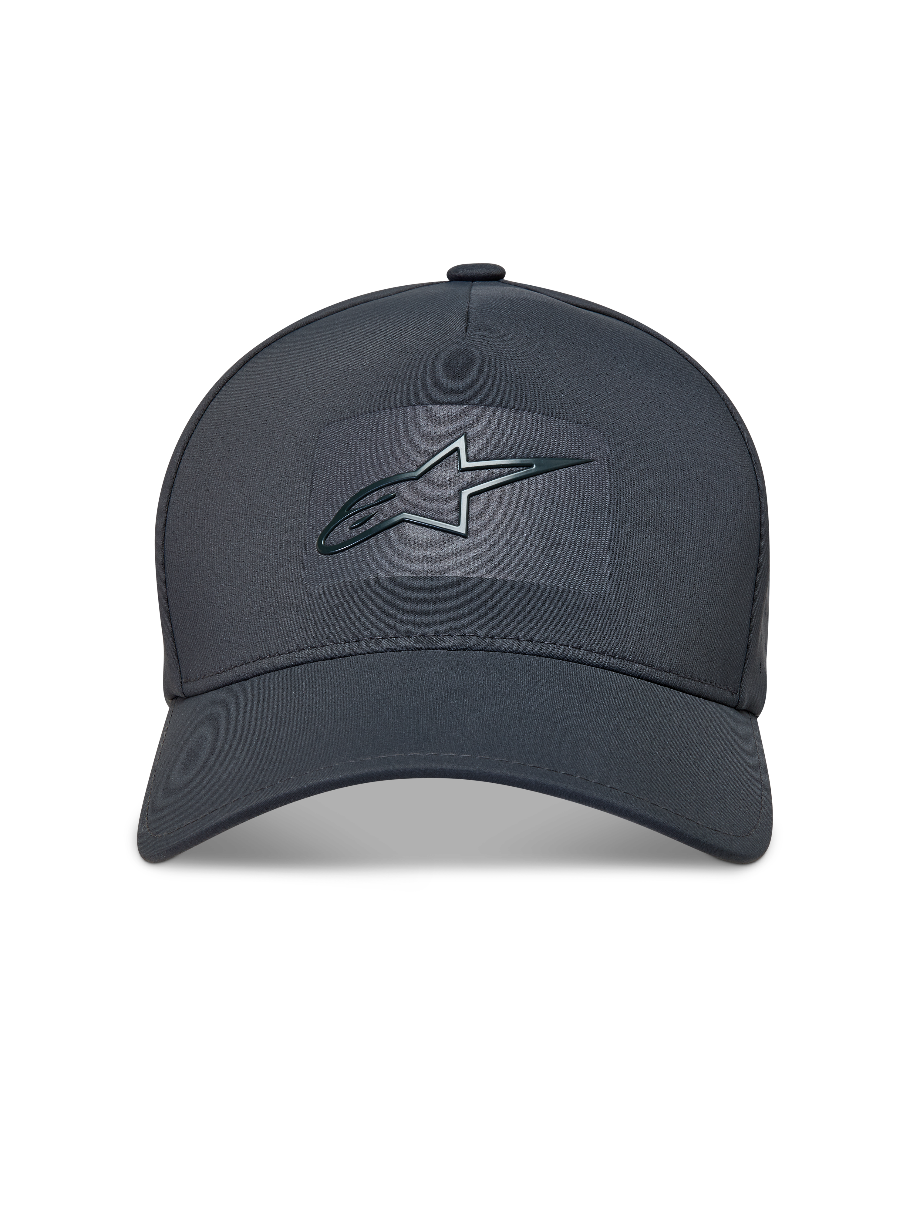 Alpinestars Algo Perf Adjustable Kappe, dunkelgraue Sportkappe aus technischem Material mit Sonic-Weld-Logo und gebogenem Schirm.