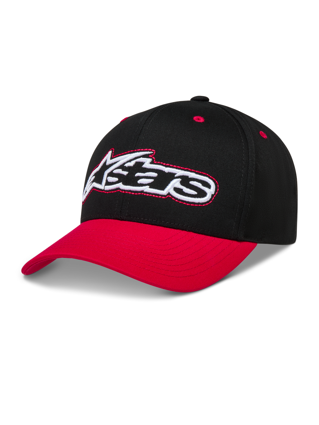 Alpinestars Retro Snapback Kappe, Sportswear Baseball-Cap in Schwarz und Rot mit gebogenem Schirm und besticktem Astars-Logo.
