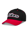 Alpinestars Retro Snapback Kappe, Sportswear Baseball-Cap in Schwarz und Rot mit gebogenem Schirm und besticktem Astars-Logo.