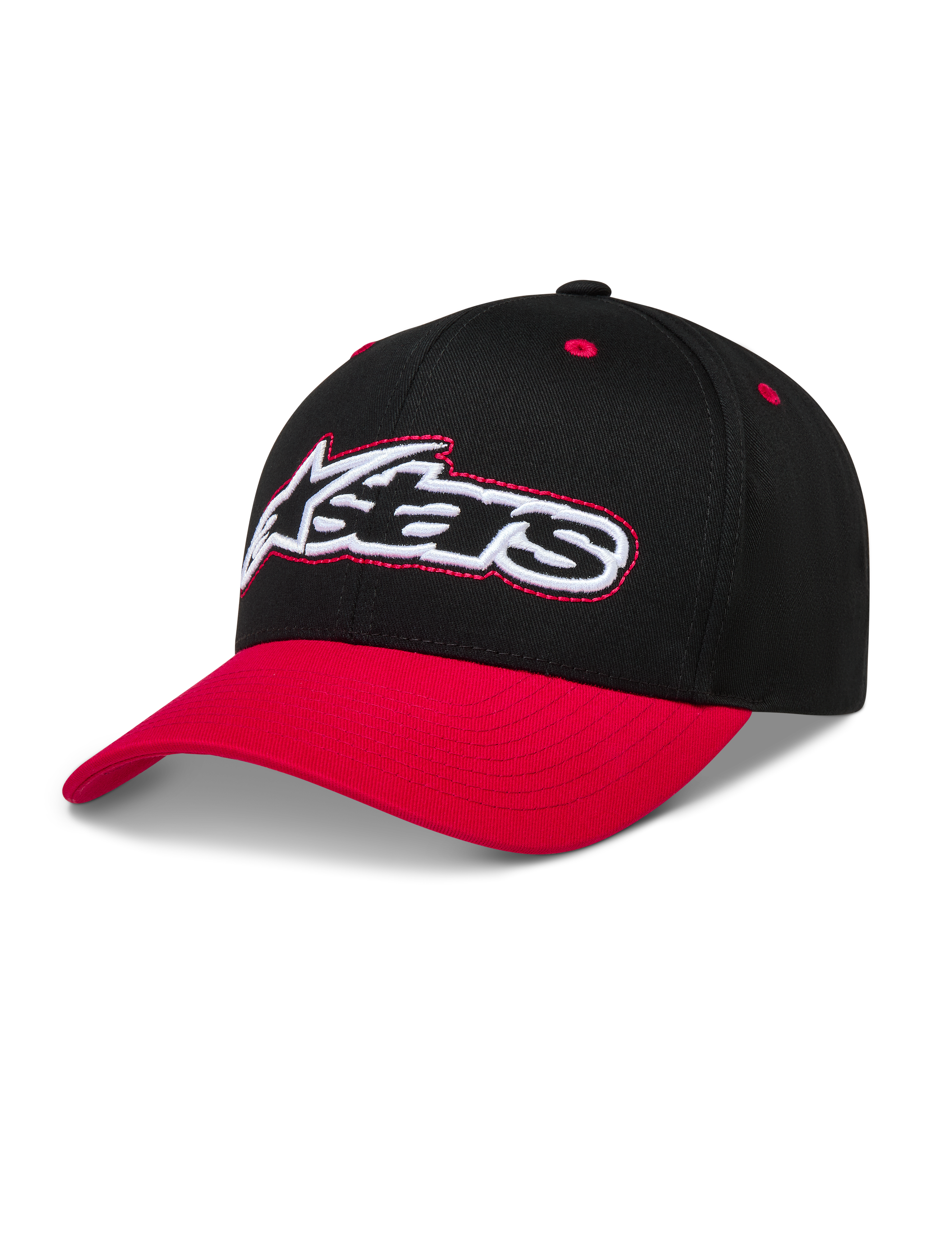 Alpinestars Retro Snapback Kappe, Sportswear Baseball-Cap in Schwarz und Rot mit gebogenem Schirm und besticktem Astars-Logo.