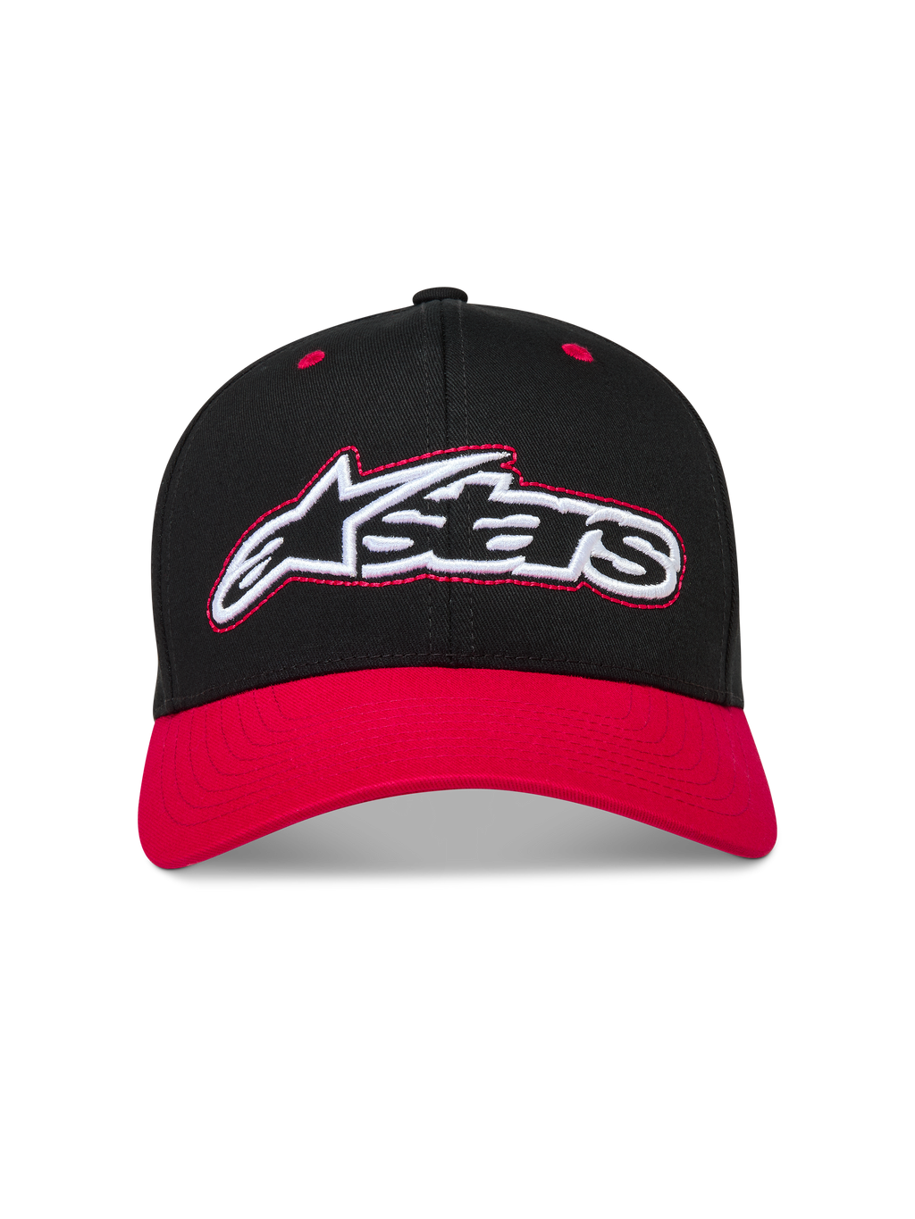 Alpinestars Retro Snapback Kappe, Schwarz und Rot, Sportswear-Kappe mit gebogenem Schirm und besticktem Astars-Logo.