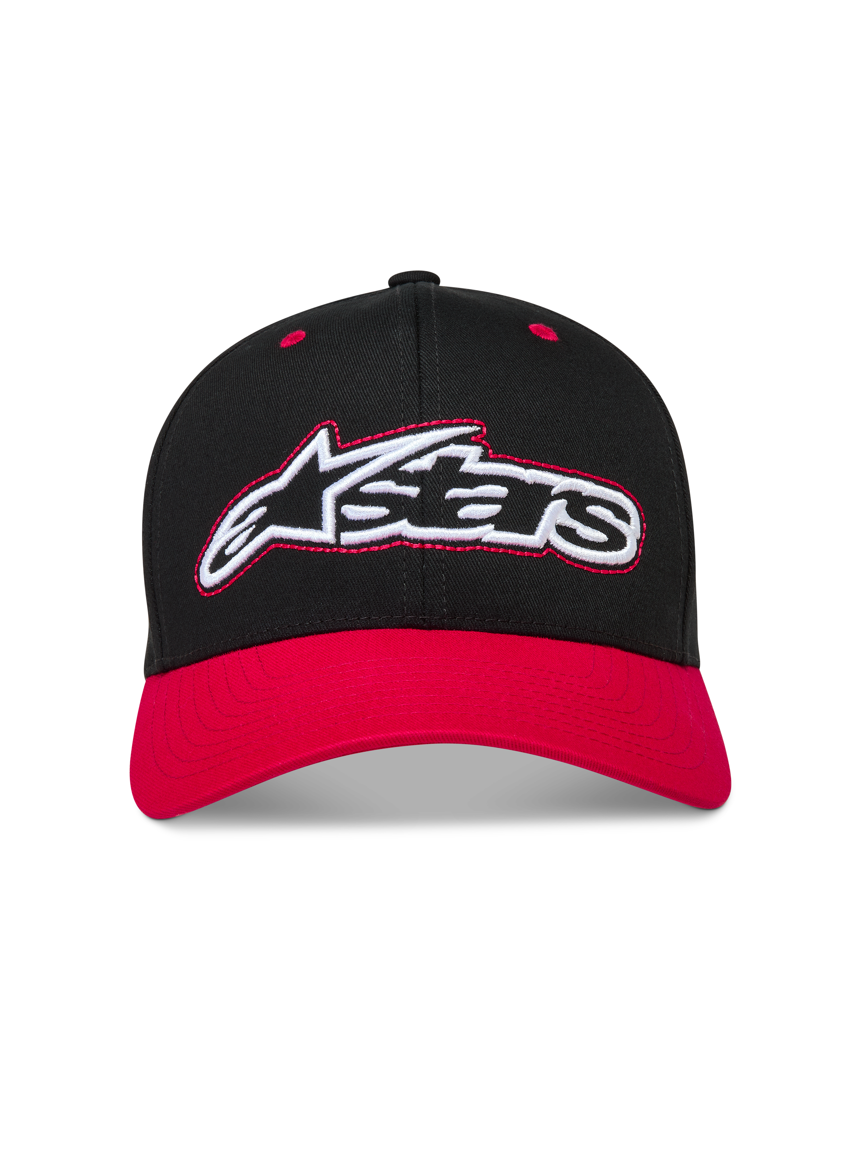 Alpinestars Retro Snapback Kappe, Schwarz und Rot, Sportswear-Kappe mit gebogenem Schirm und besticktem Astars-Logo.