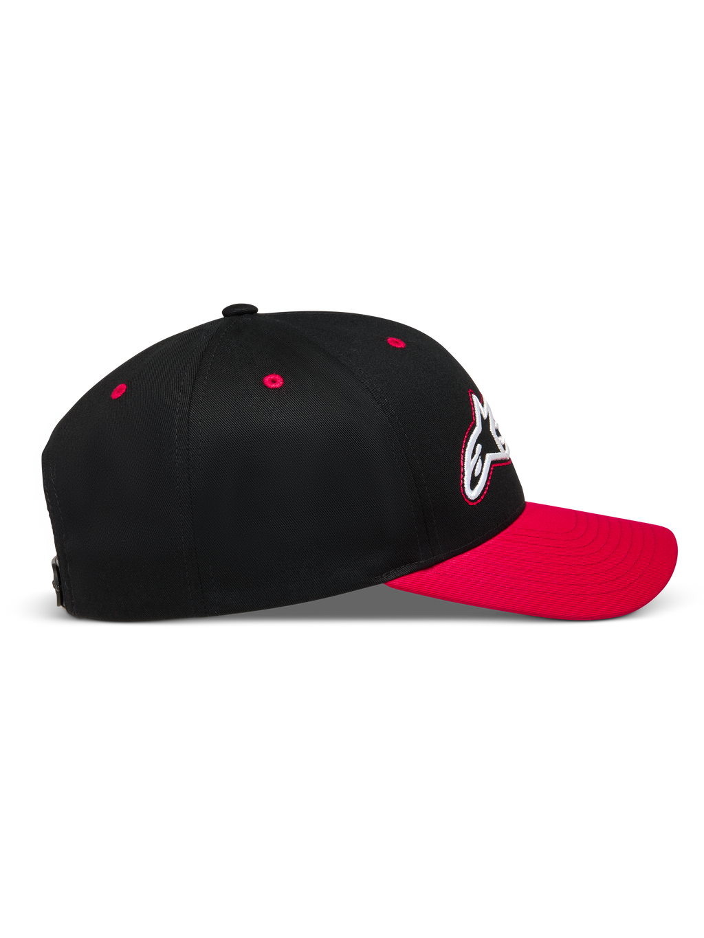 Alpinestars Retro Snapback Kappe, schwarz-rote Sportswear-Kappe, Profil mit gebogenem Schirm und strukturierter Twill-Krone.