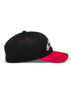 Alpinestars Retro Snapback Kappe, schwarz-rote Sportswear-Kappe, Profil mit gebogenem Schirm und strukturierter Twill-Krone.