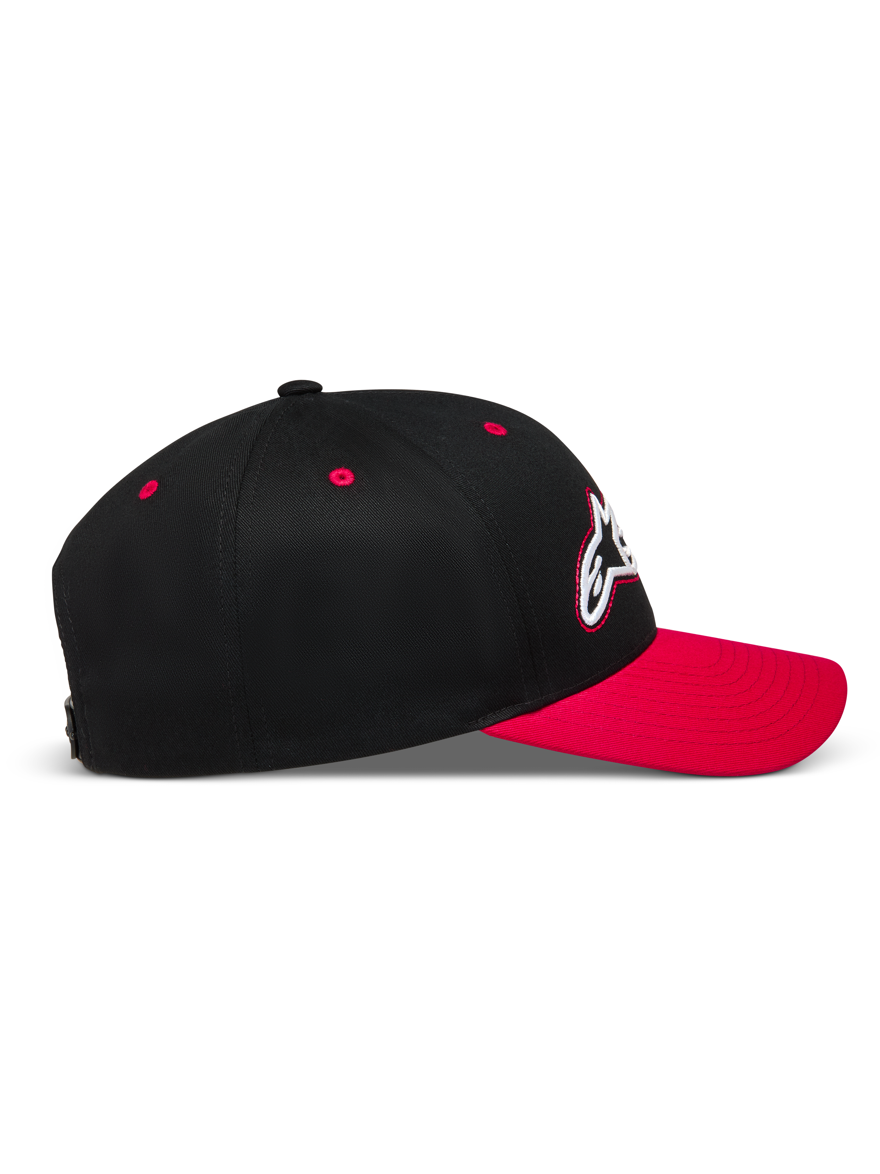 Alpinestars Retro Snapback Kappe, schwarz-rote Sportswear-Kappe, Profil mit gebogenem Schirm und strukturierter Twill-Krone.