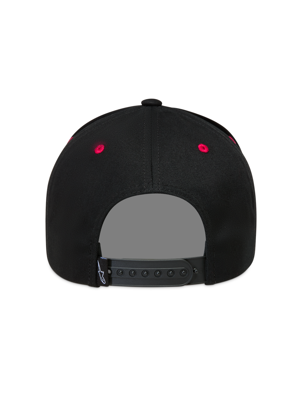 Alpinestars Retro Snapback Kappe, schwarze Sportswear-Mütze, Rückansicht mit verstellbarem Verschluss und roten Ösen.